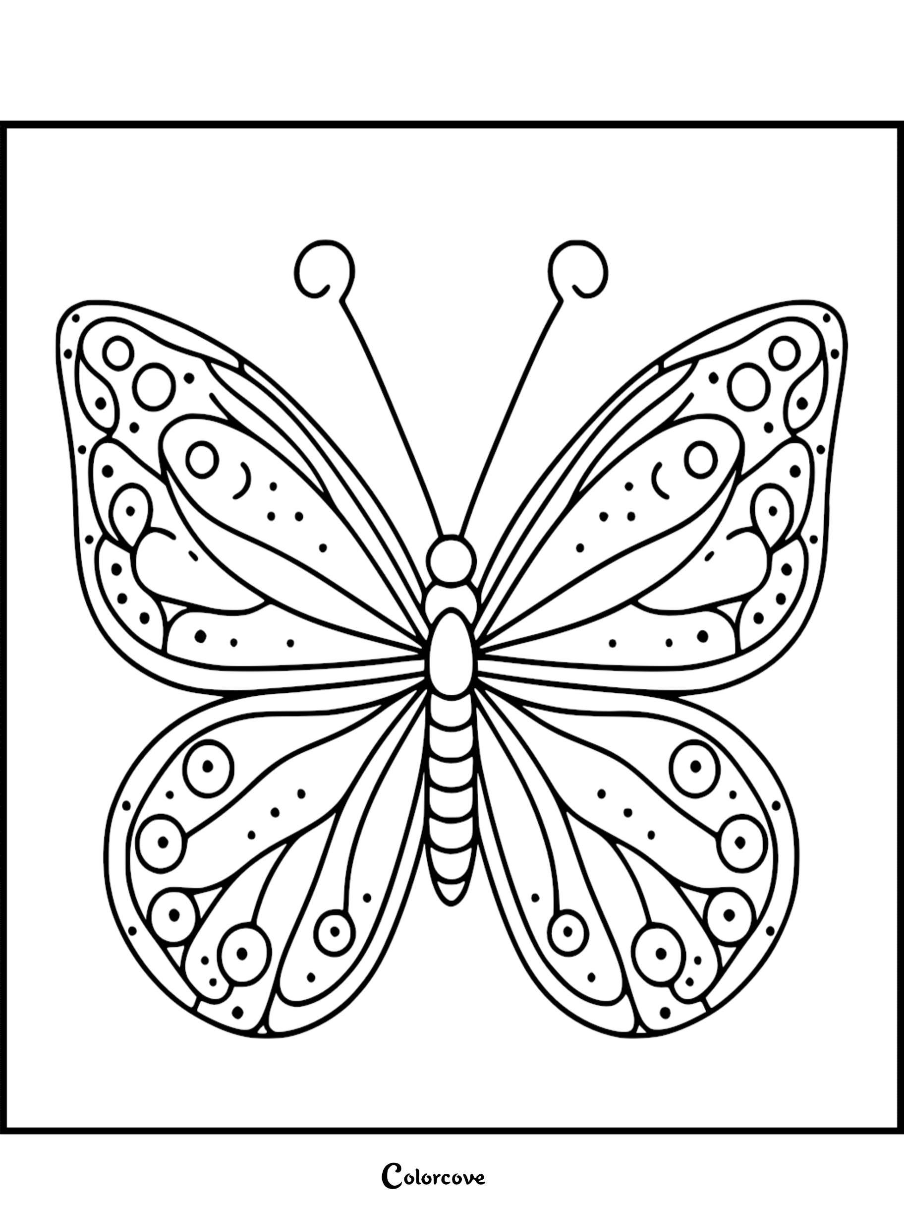 A printable coloring page featuring a symmetrical butterfly with intricate circular patterns and dots on its wings.