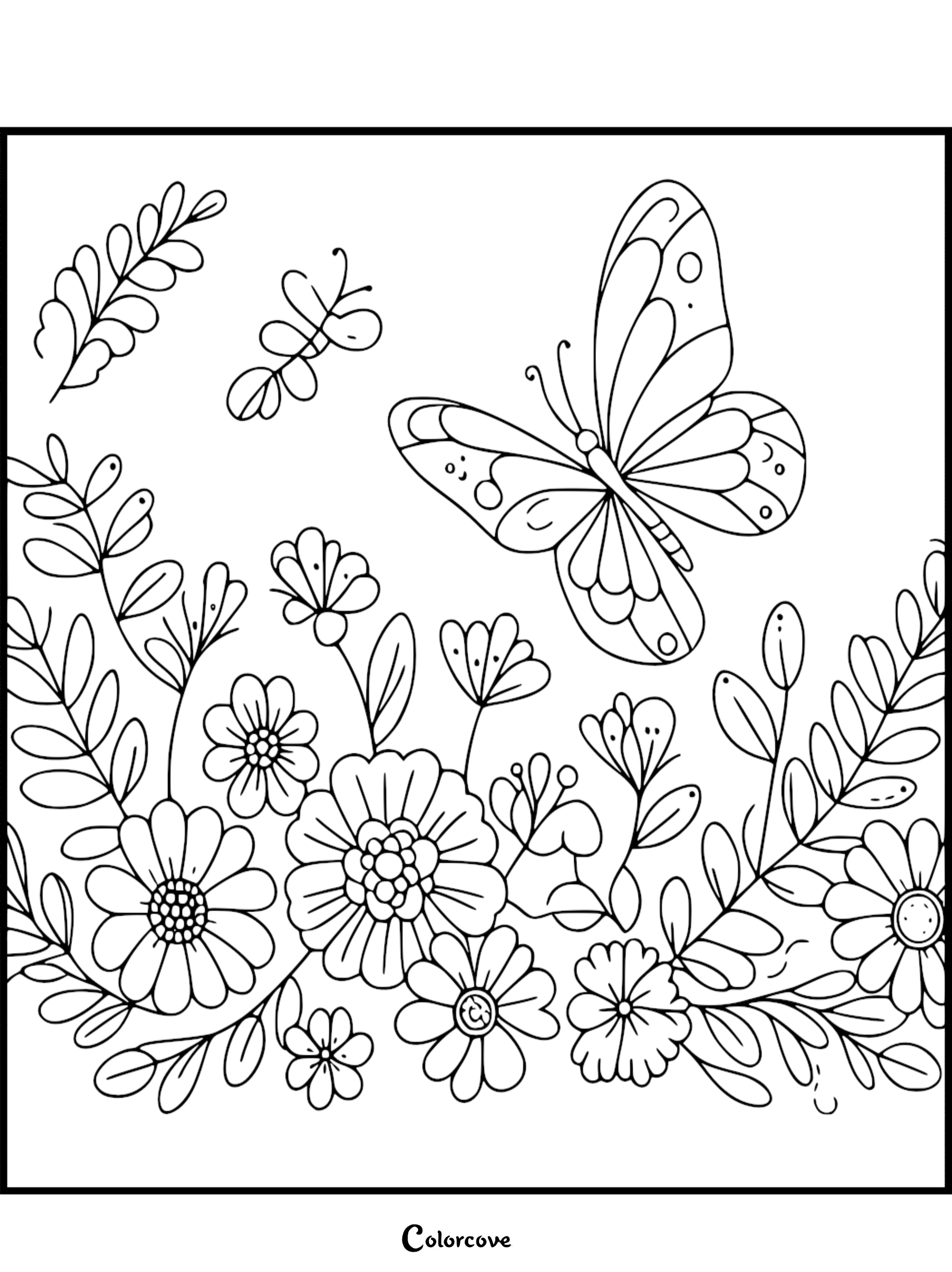A cozy butterfly flying over a garden of flowers and leaves in this printable coloring page sheet 29.