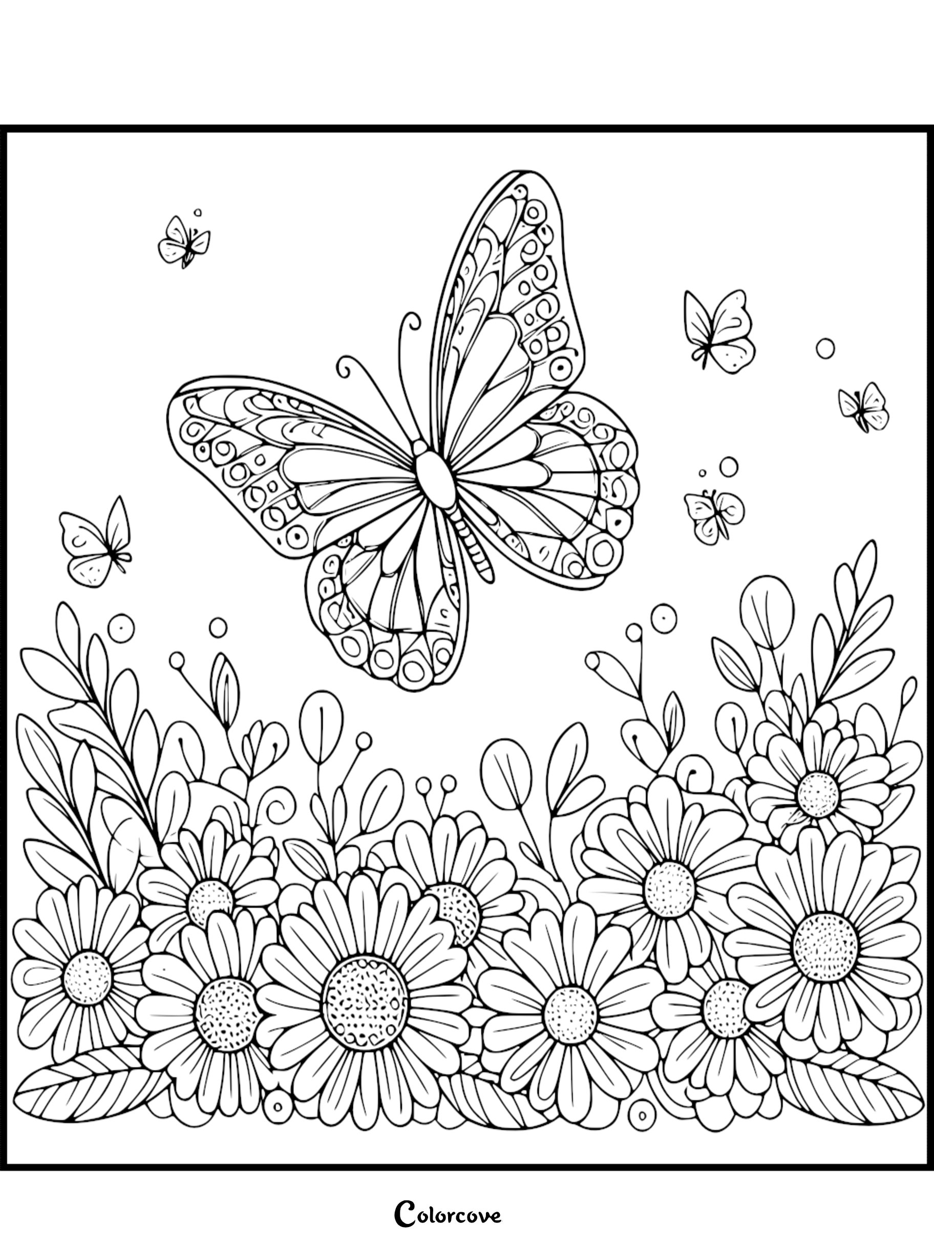 A large detailed butterfly hovering over a field of daisies in this free printable coloring page.