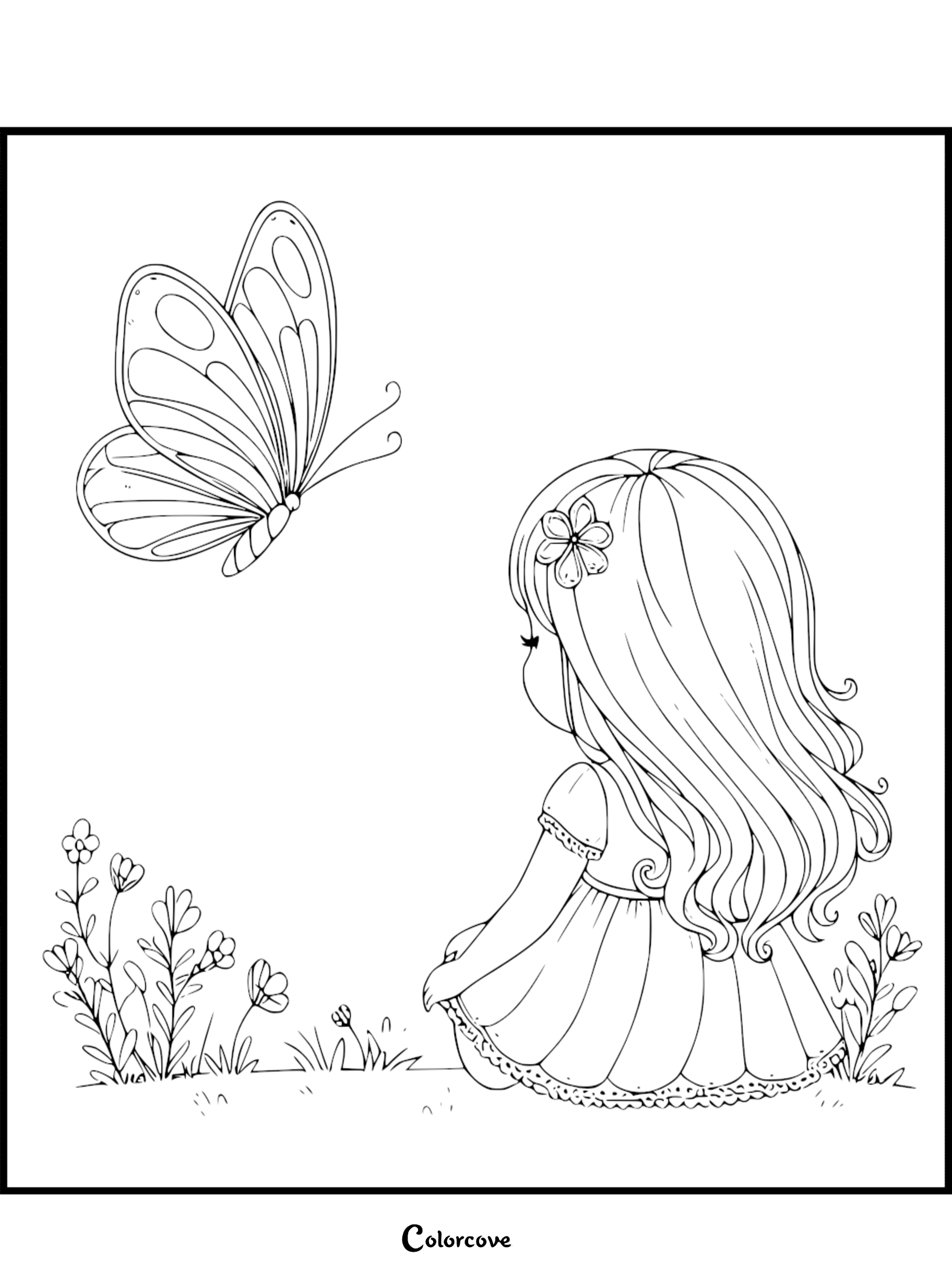 A little girl with a flower in her hair sitting in a garden watching a butterfly in this printable coloring page sheet 31.