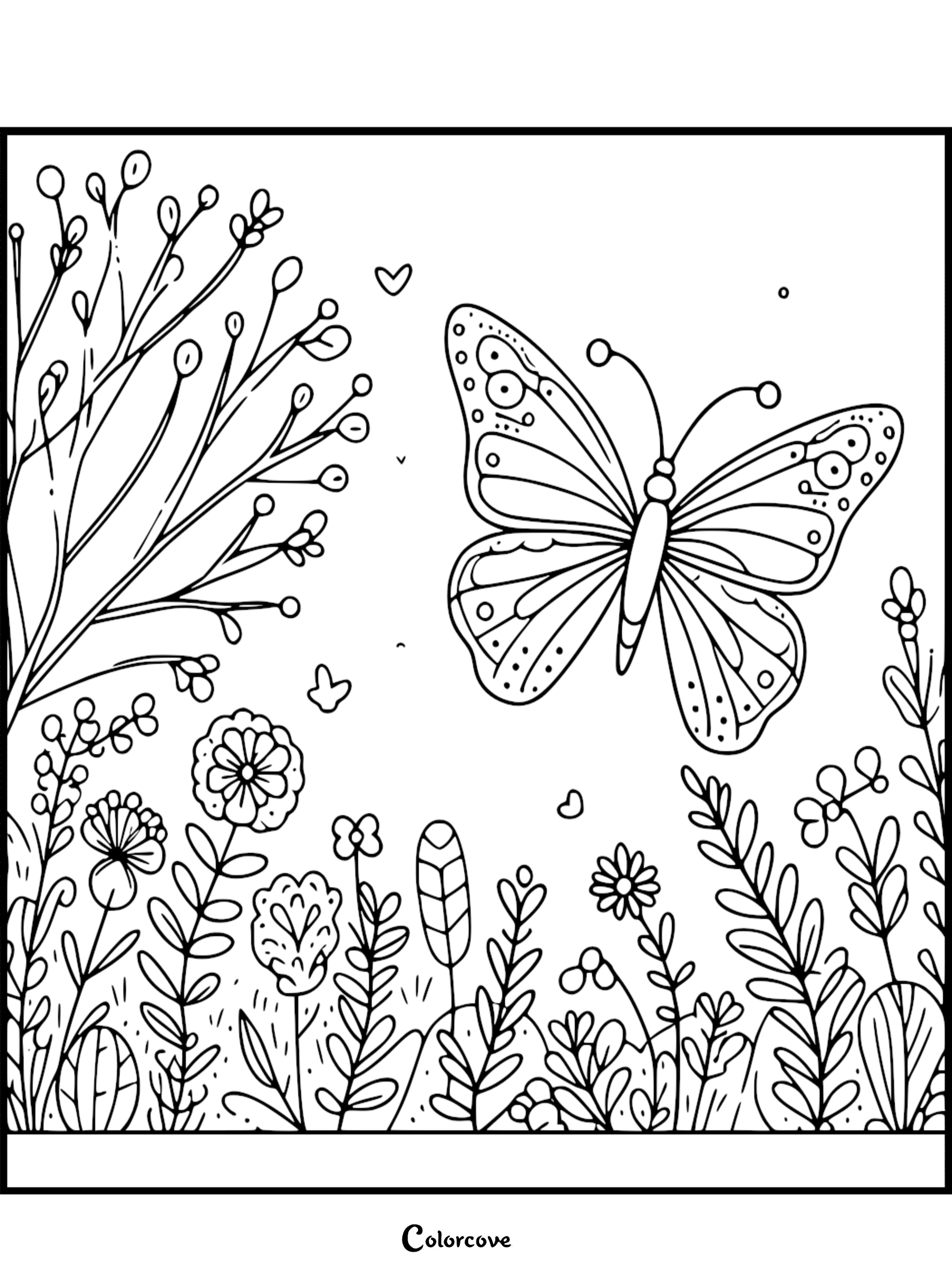 A cozy butterfly flying over a garden of wildflowers and branches in this printable coloring page sheet 32.