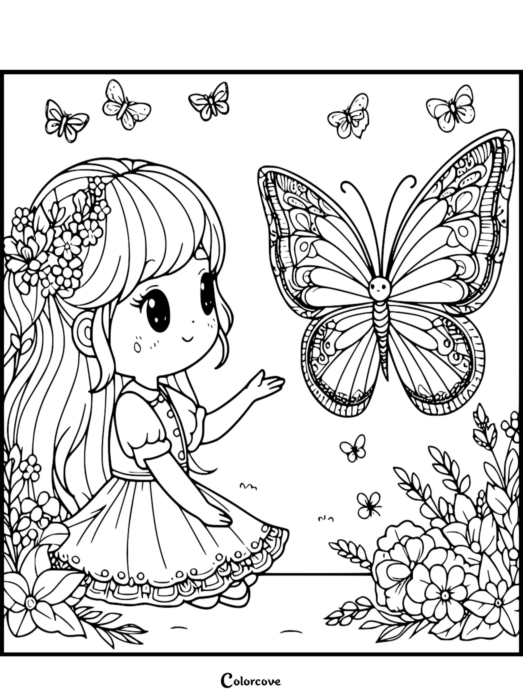 A cute girl with a flower crown reaching toward a large, intricately patterned butterfly in a garden setting, featured on a free printable coloring page.