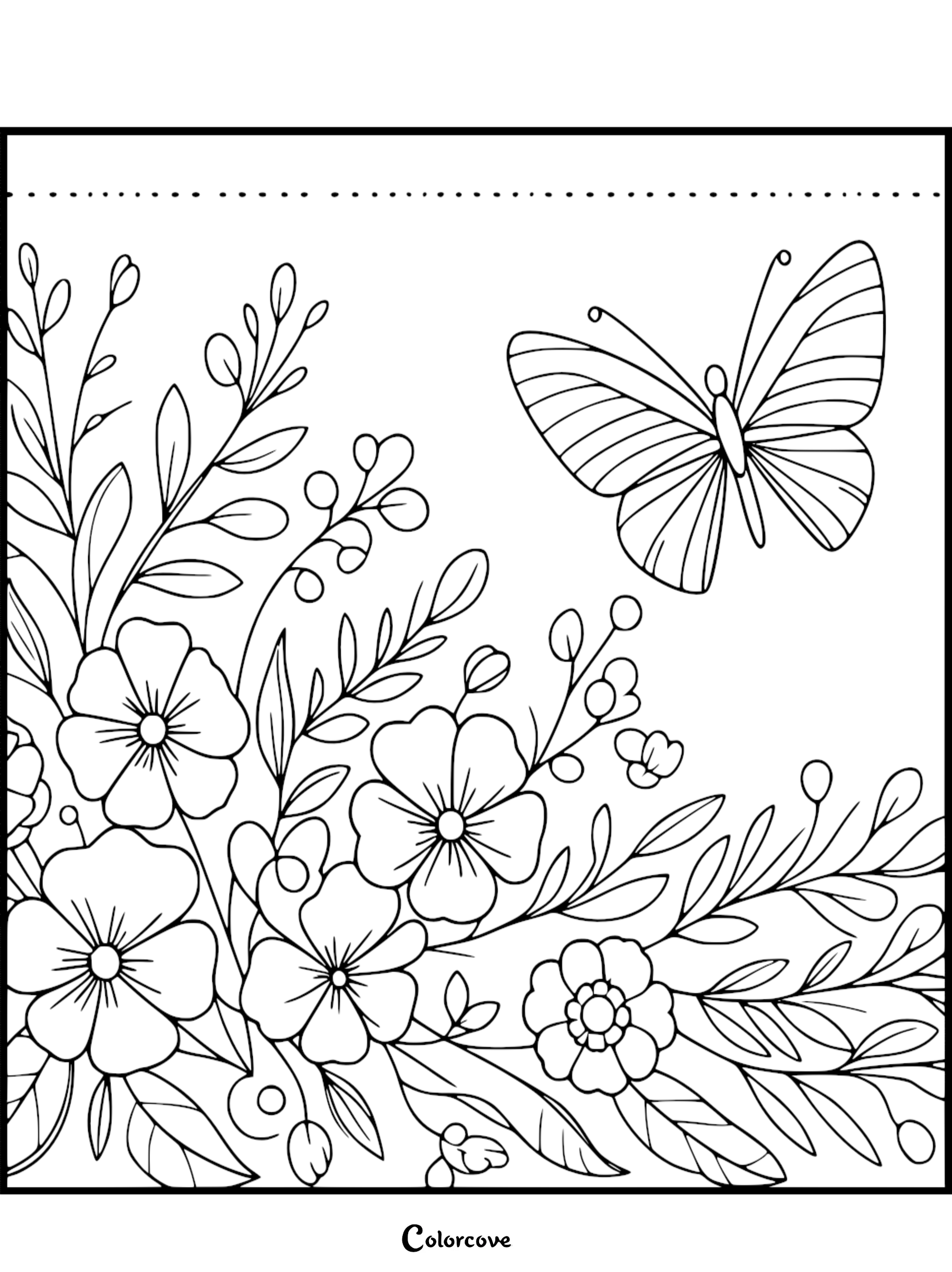 A cozy butterfly flying over a garden of flowers in this printable coloring page sheet 36.