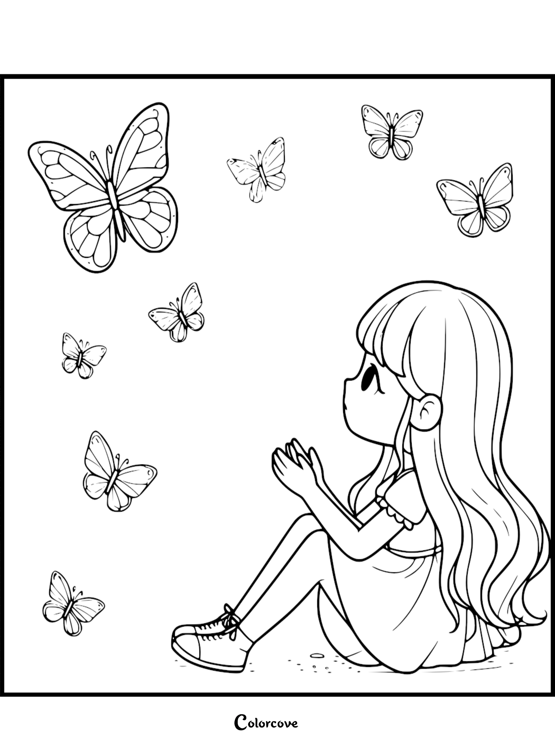 A girl sitting on the ground watching a group of butterflies in this free printable butterfly coloring page.