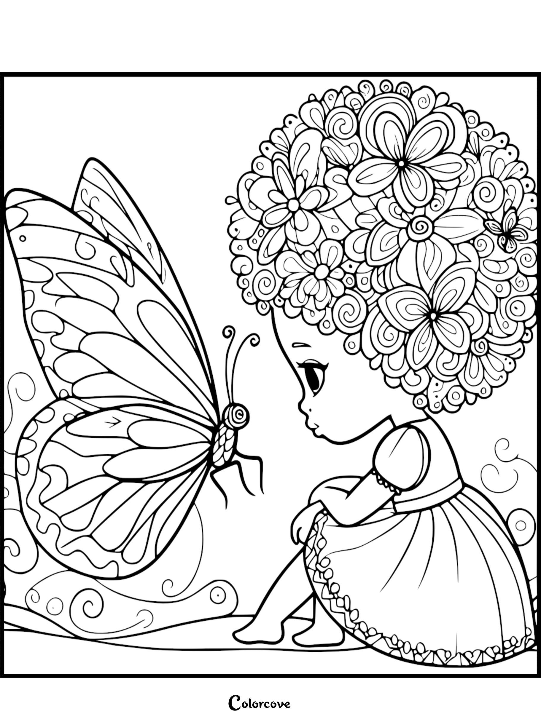 A girl with a floral afro hairstyle sitting and looking at a large butterfly in this printable coloring page.