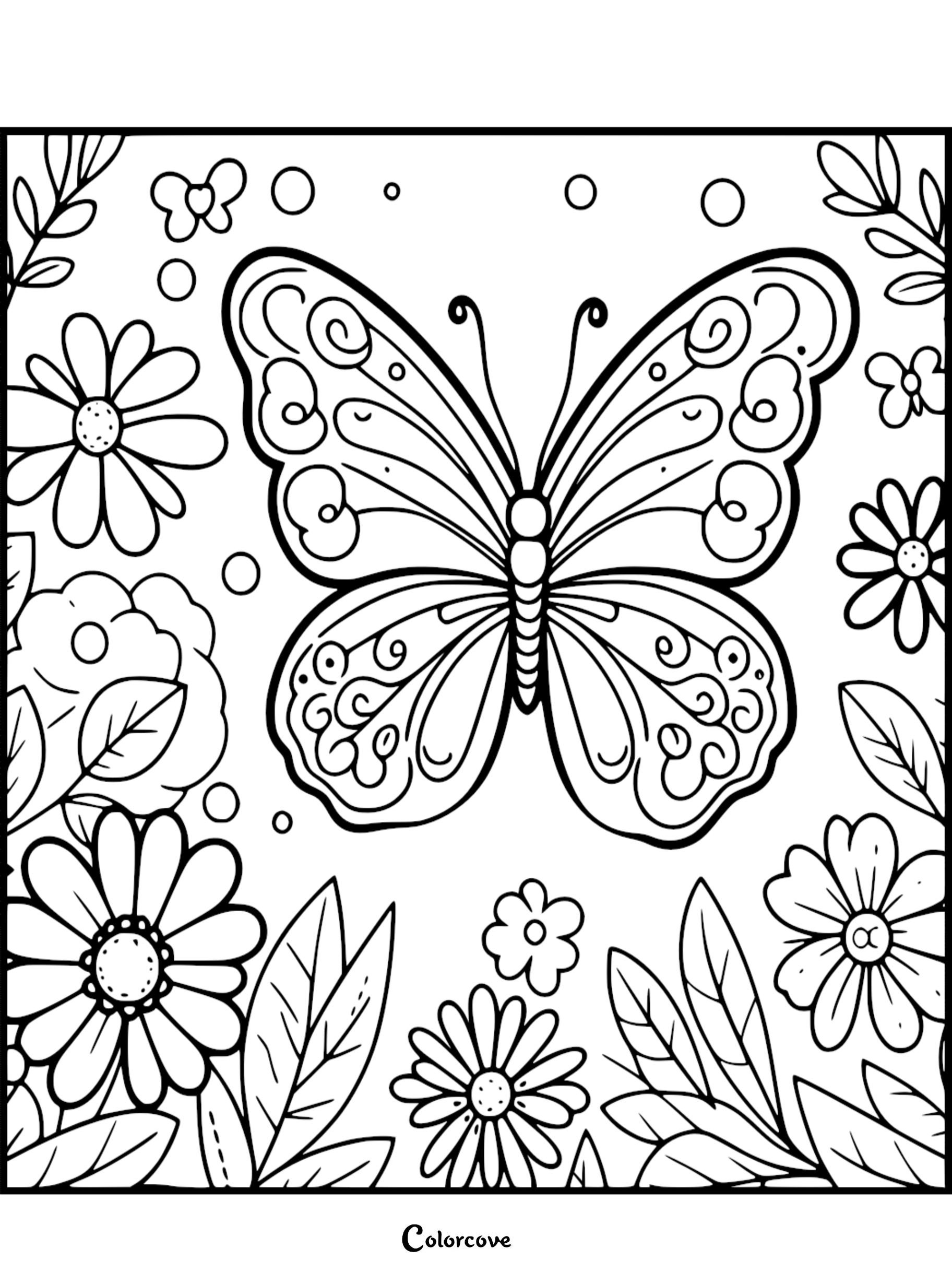 Cozy Butterfly coloring page featuring a detailed butterfly surrounded by daisies and leaves in a printable sheet.