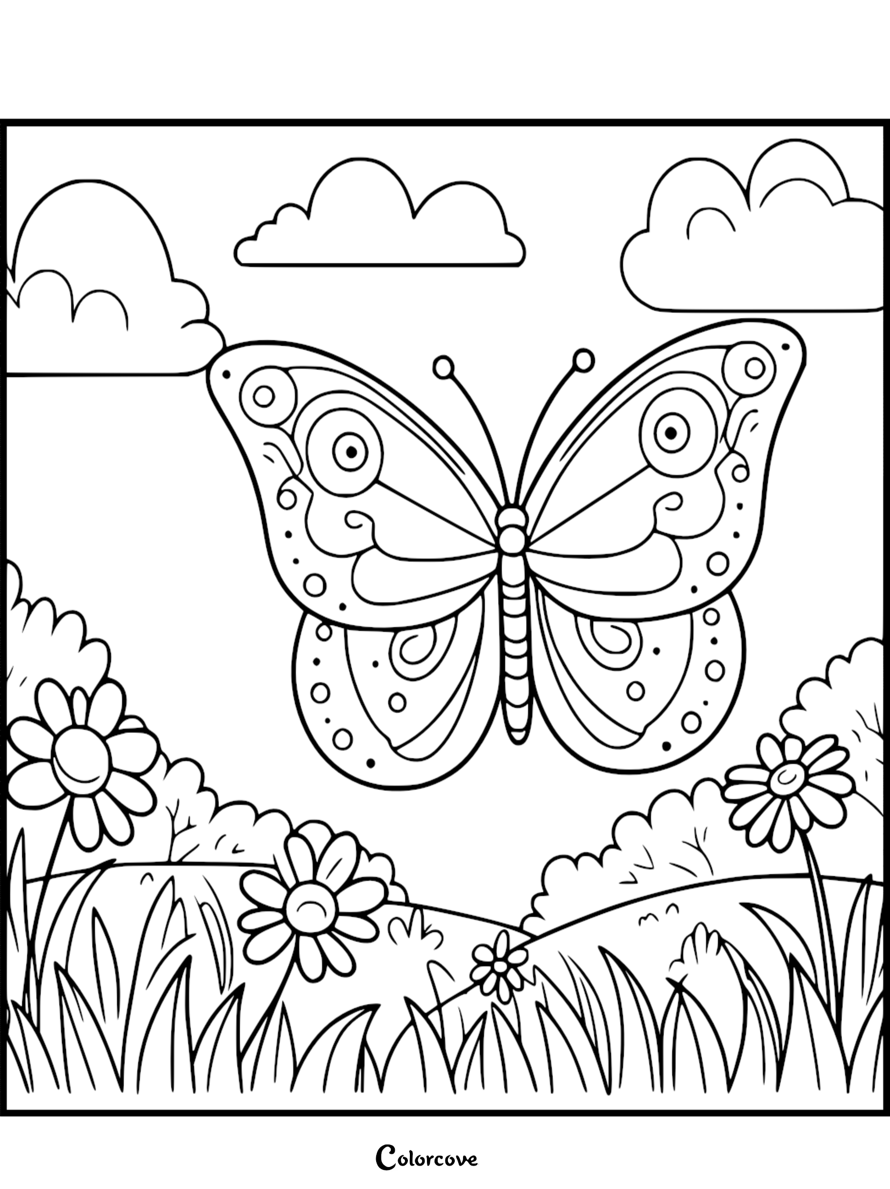 A cozy butterfly with intricate wing patterns flying over a grassy meadow with flowers and clouds in this printable coloring page.