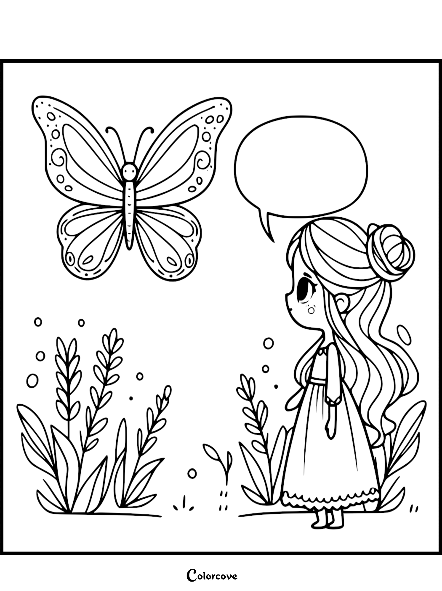 A girl with a bun hairstyle looking at a butterfly in a garden on this printable coloring page.