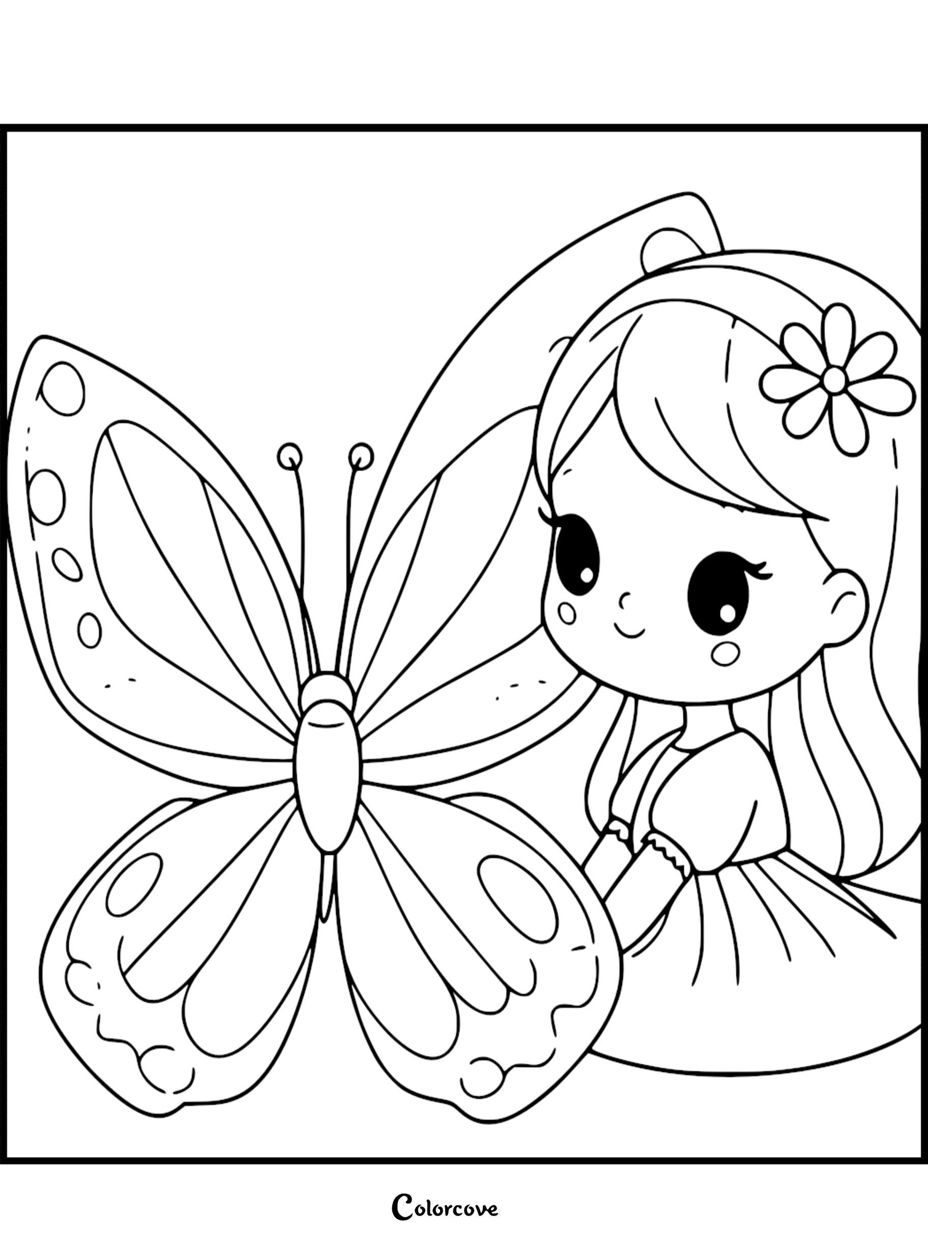 A cute girl with a flower in her hair sitting next to a large butterfly on this printable coloring page sheet 42.
