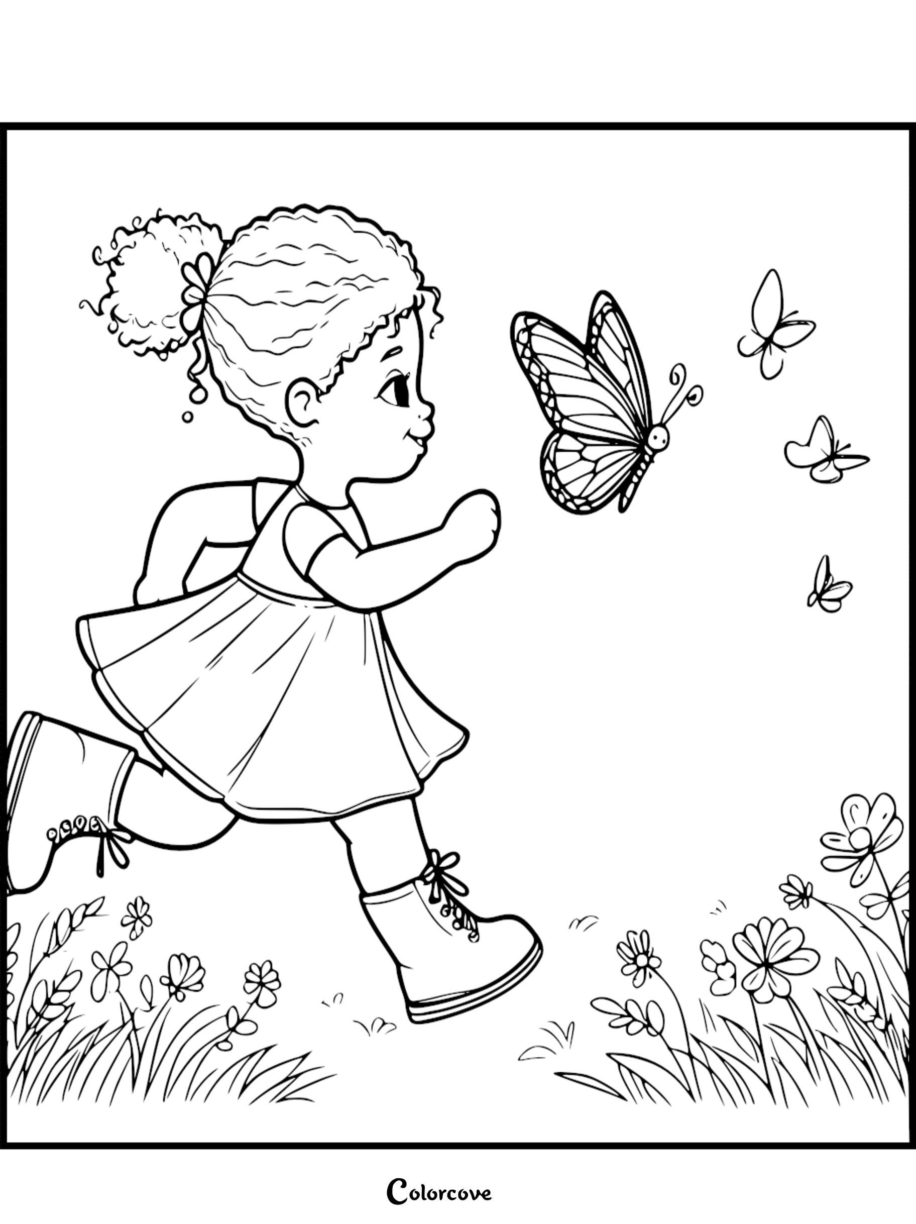 A young girl with curly hair in a dress and boots running through a field of flowers chasing a butterfly, featured in this Butterfly Coloring Pages Free Printable Sheet 44.