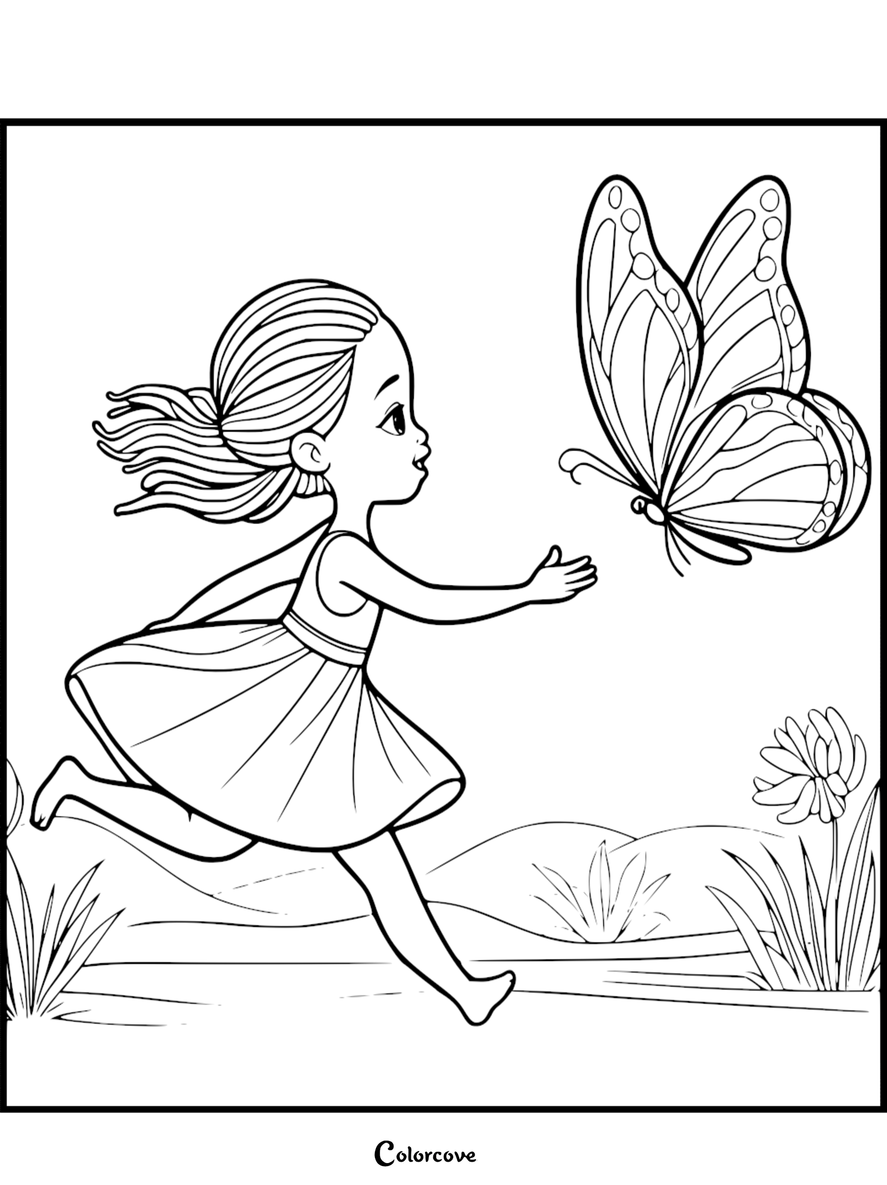 A young girl in a dress chasing a large butterfly in a meadow, featured in a free printable coloring page sheet 46.