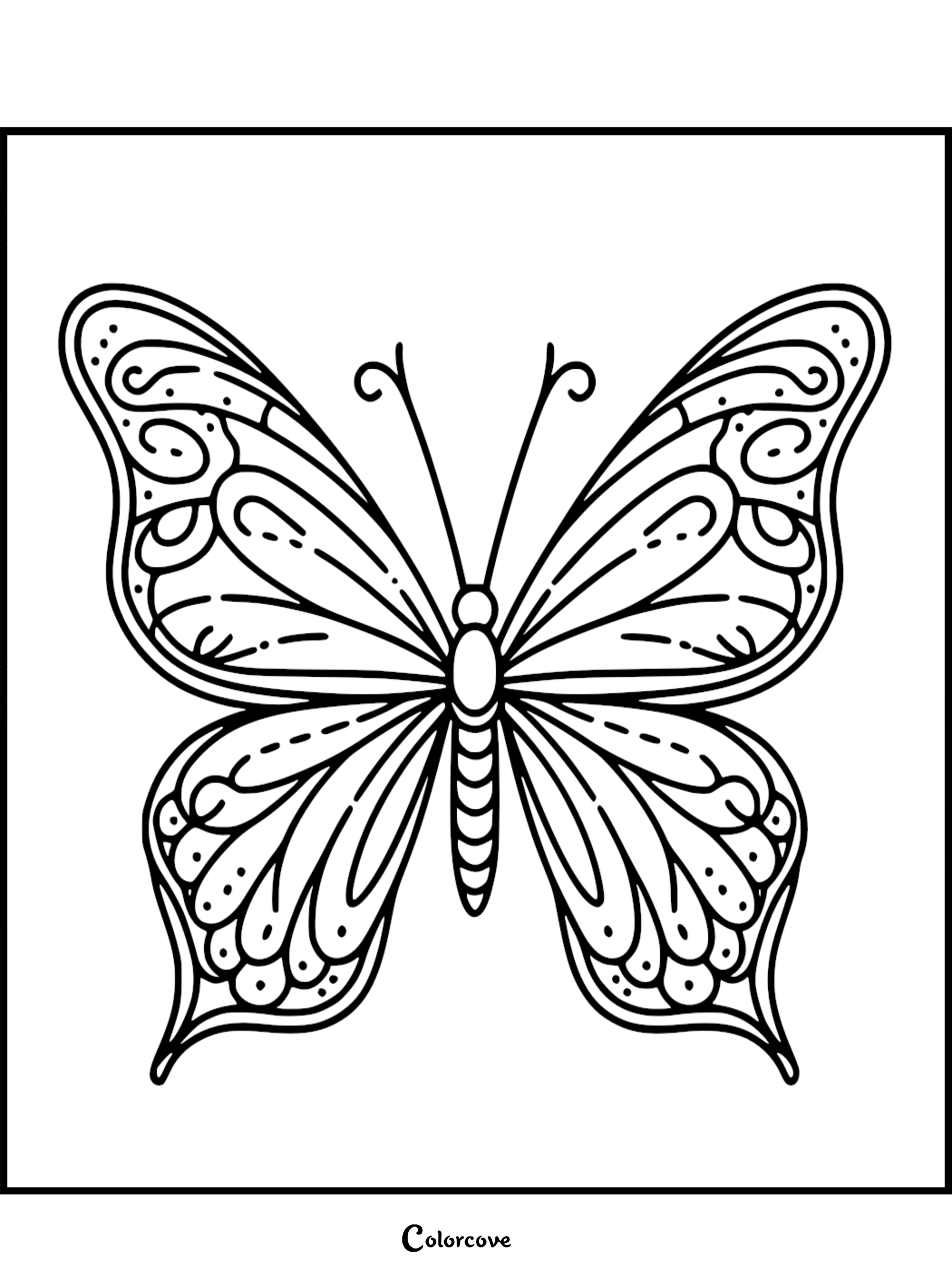 A printable butterfly coloring page featuring intricate swirl patterns on symmetrical wings.