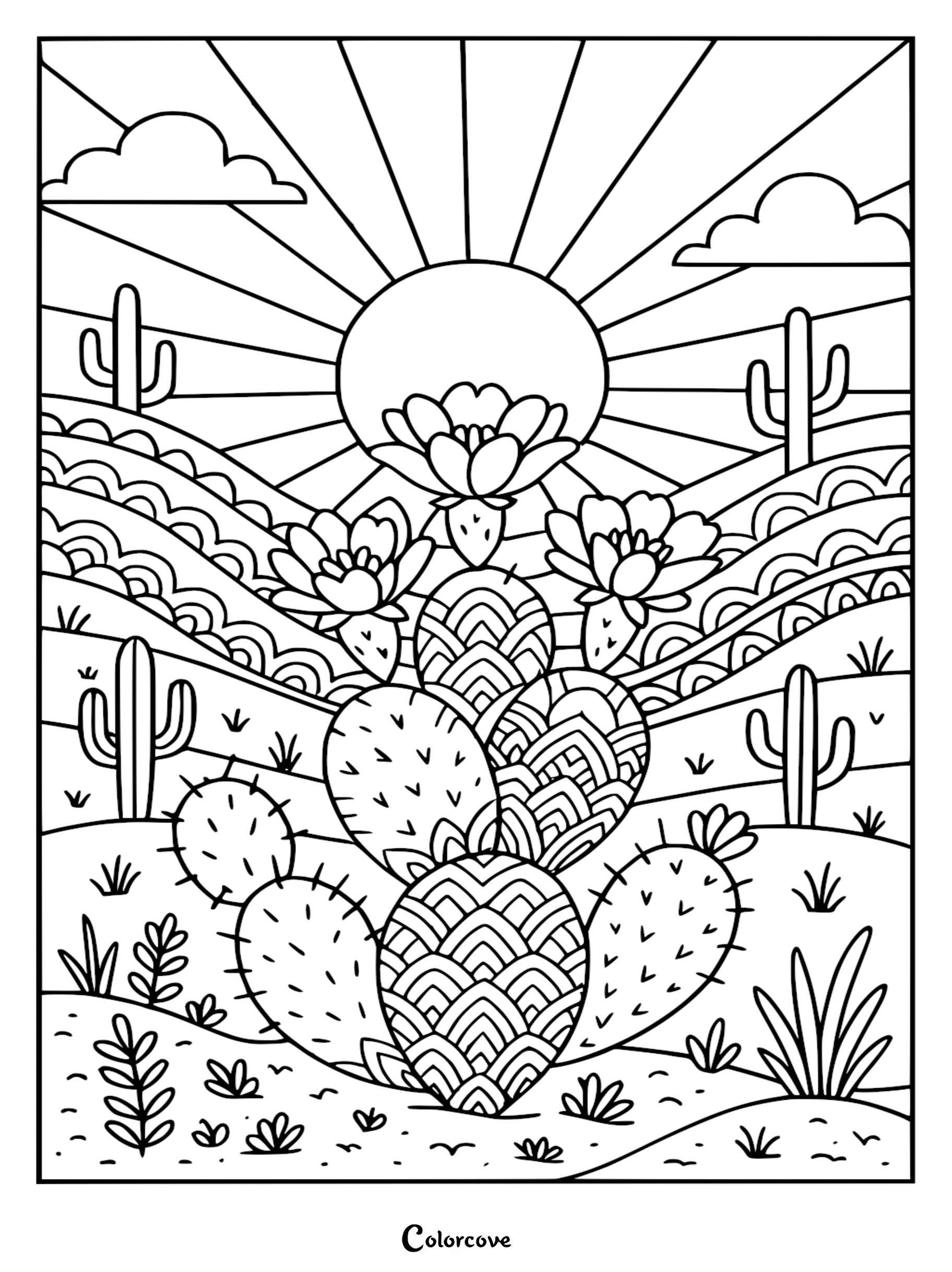 A printable cactus coloring page featuring a patterned prickly pear cactus with blooming flowers under a radiating sun and desert hills.