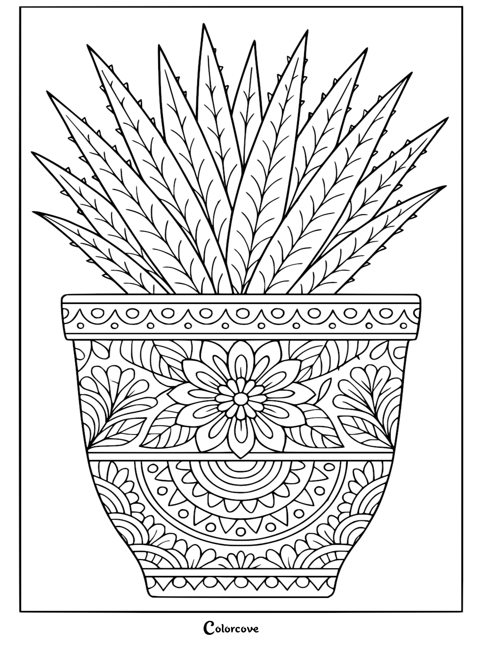 Intricate line art of a spiky succulent in an ornate decorative pot, perfect as a detailed coloring page for adults.