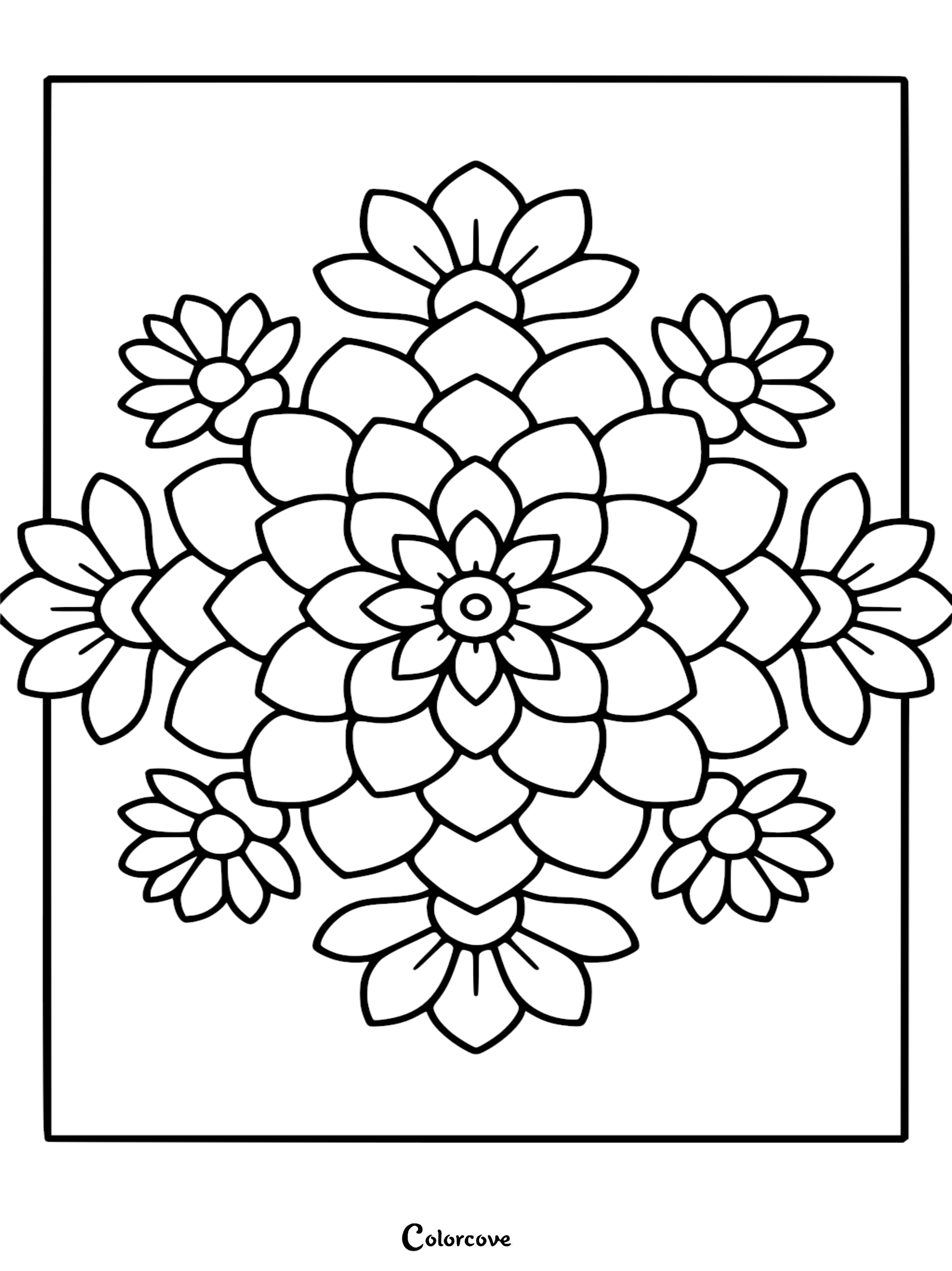 Symmetrical cactus flower mandala coloring page with concentric petal layers and surrounding small daisy-like blossoms.