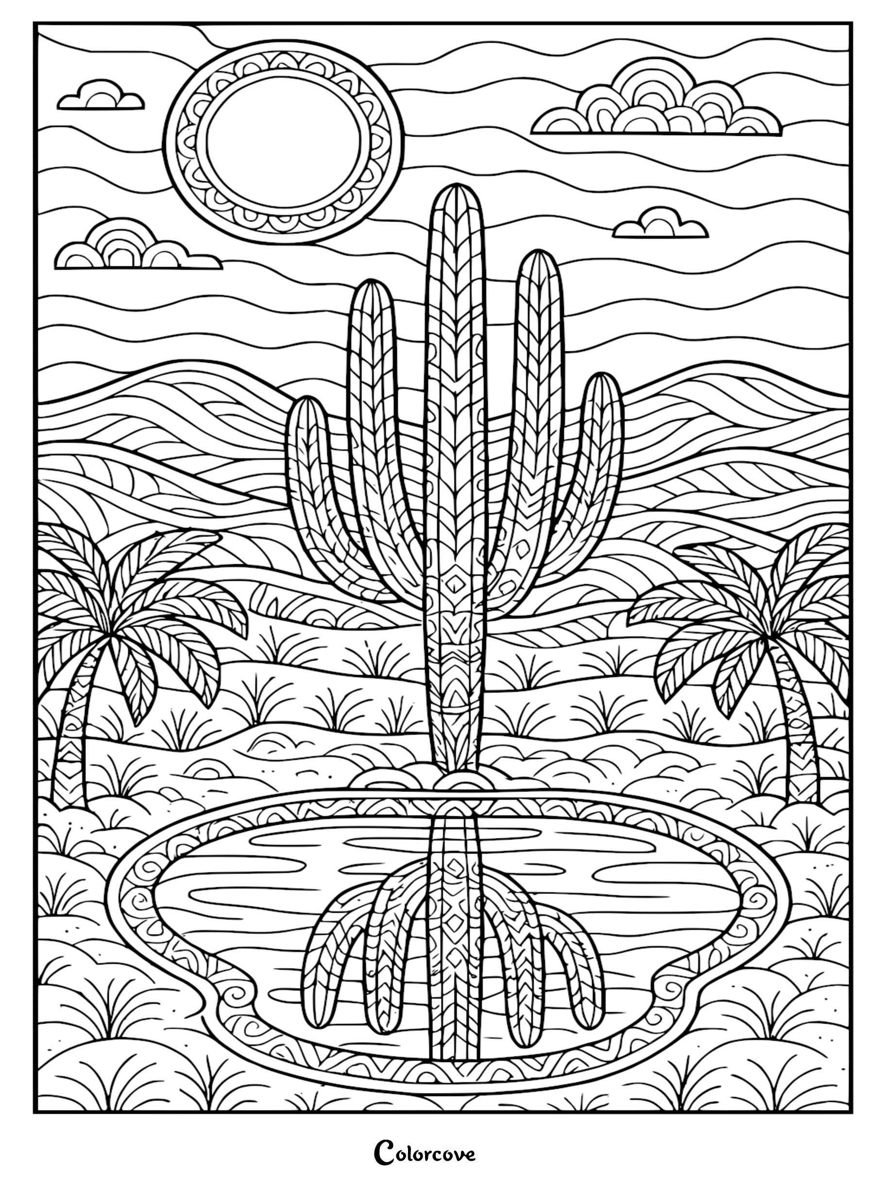 Detailed intricate line art of a saguaro cactus reflecting in a desert oasis pond with palm trees, rolling sand dunes, and a patterned sun in the sky as a printable coloring page.