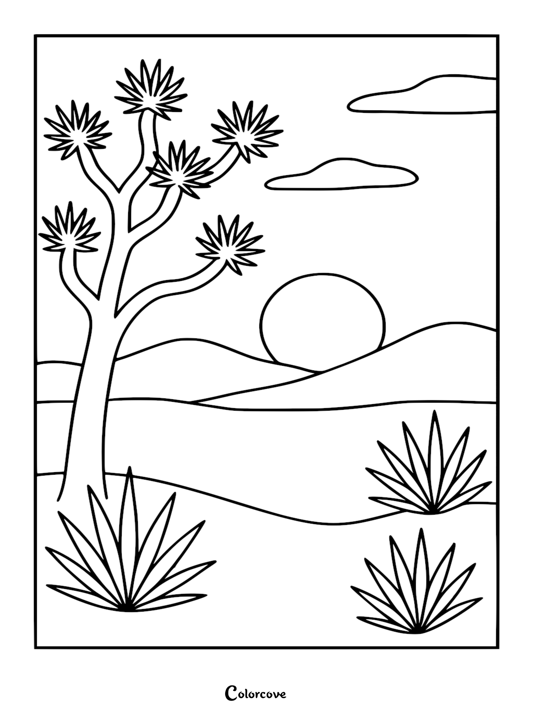 Joshua tree and spiky desert plants under a setting sun in this printable coloring page.