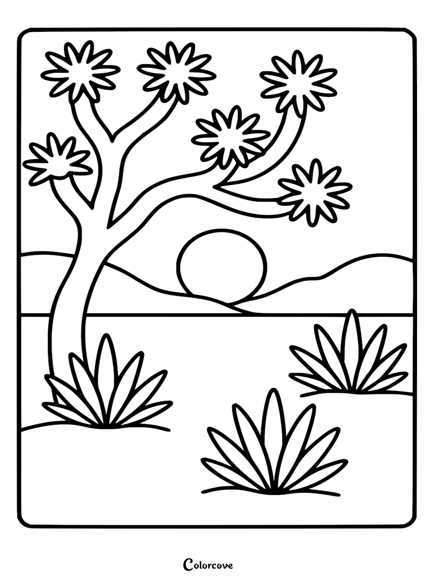 Joshua tree cactus in a desert landscape coloring page with a setting sun over rolling hills.