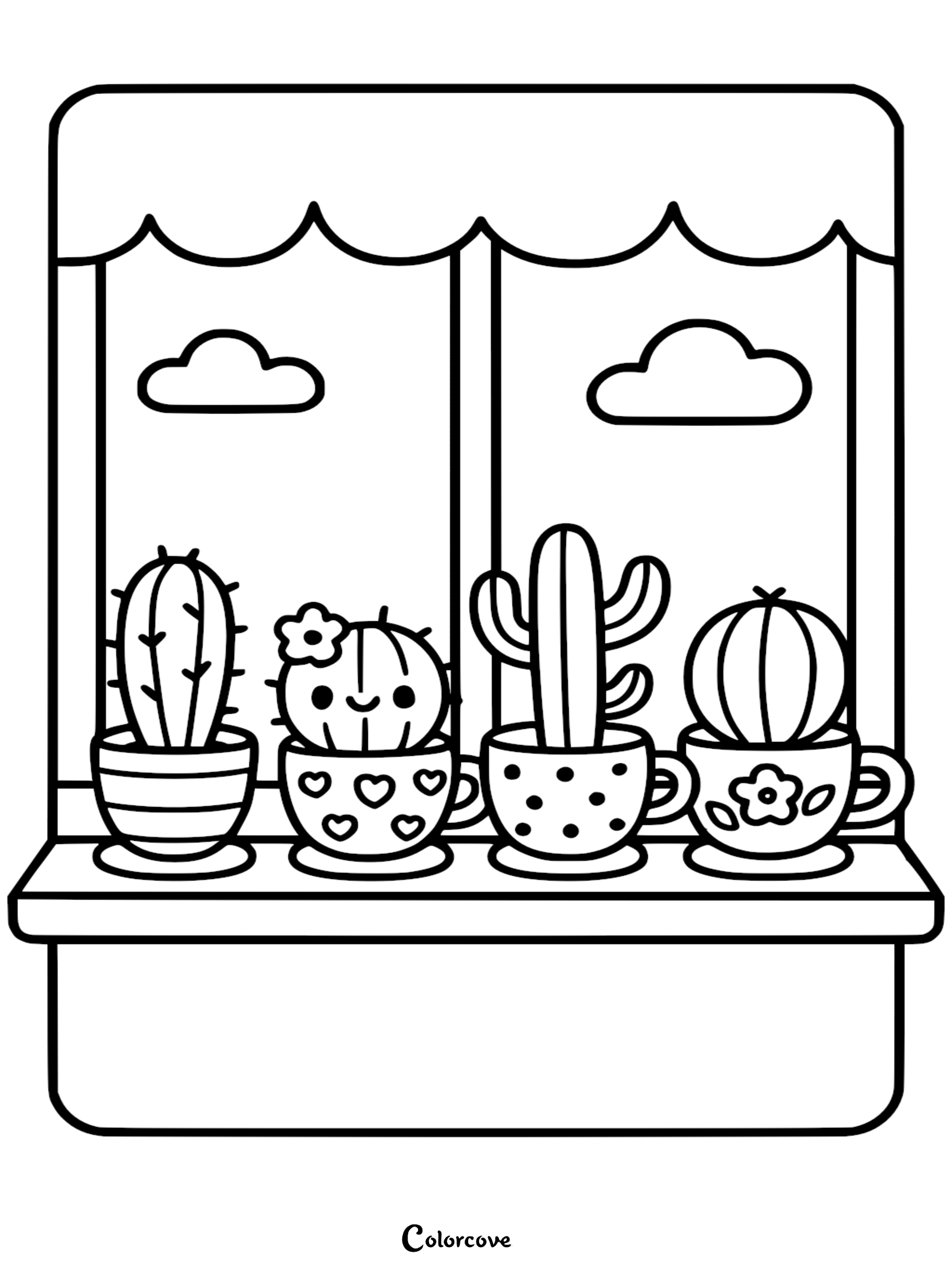 Four cute cactus plants in patterned teacups sitting on a window sill coloring page