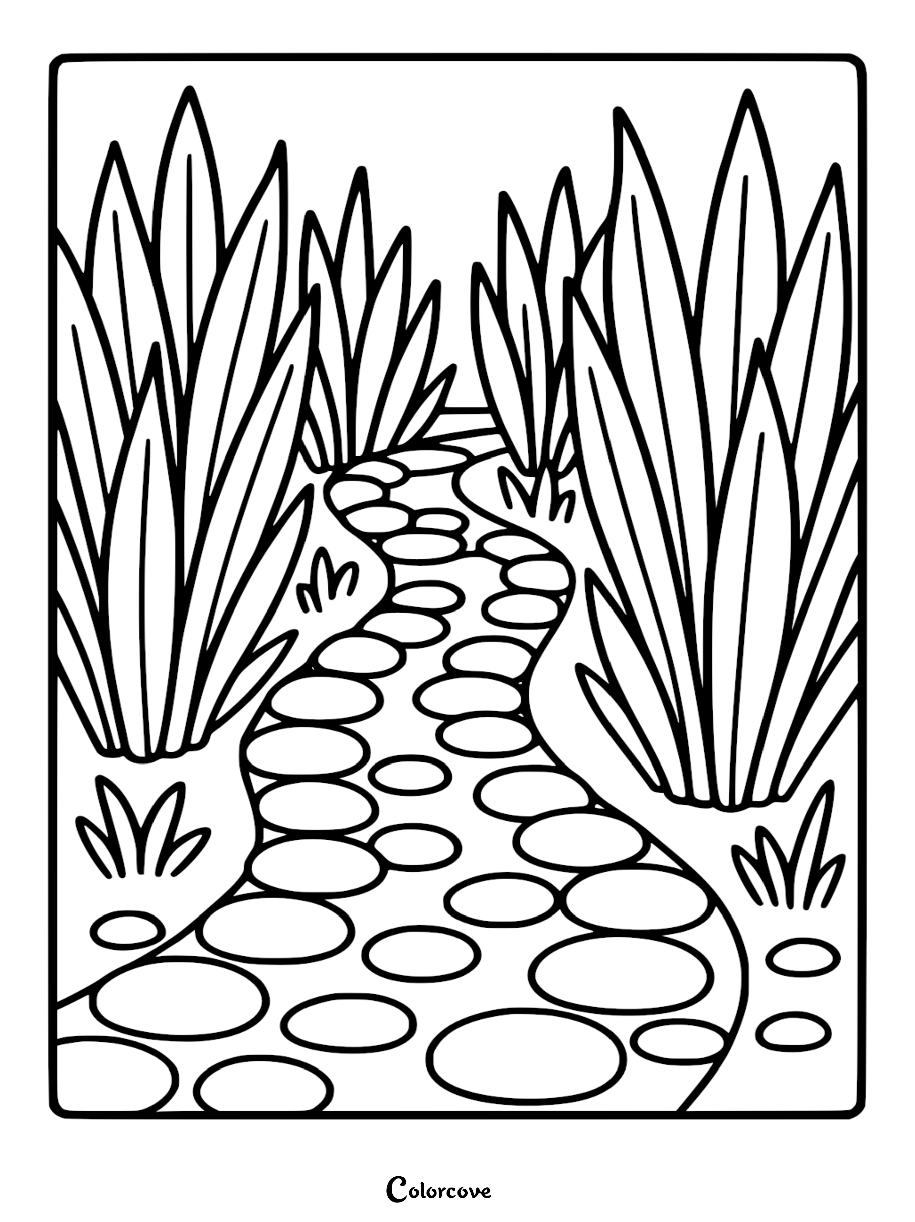 A winding stone pathway bordered by tall succulent cactus plants in a desert landscape, black and white line art coloring page.