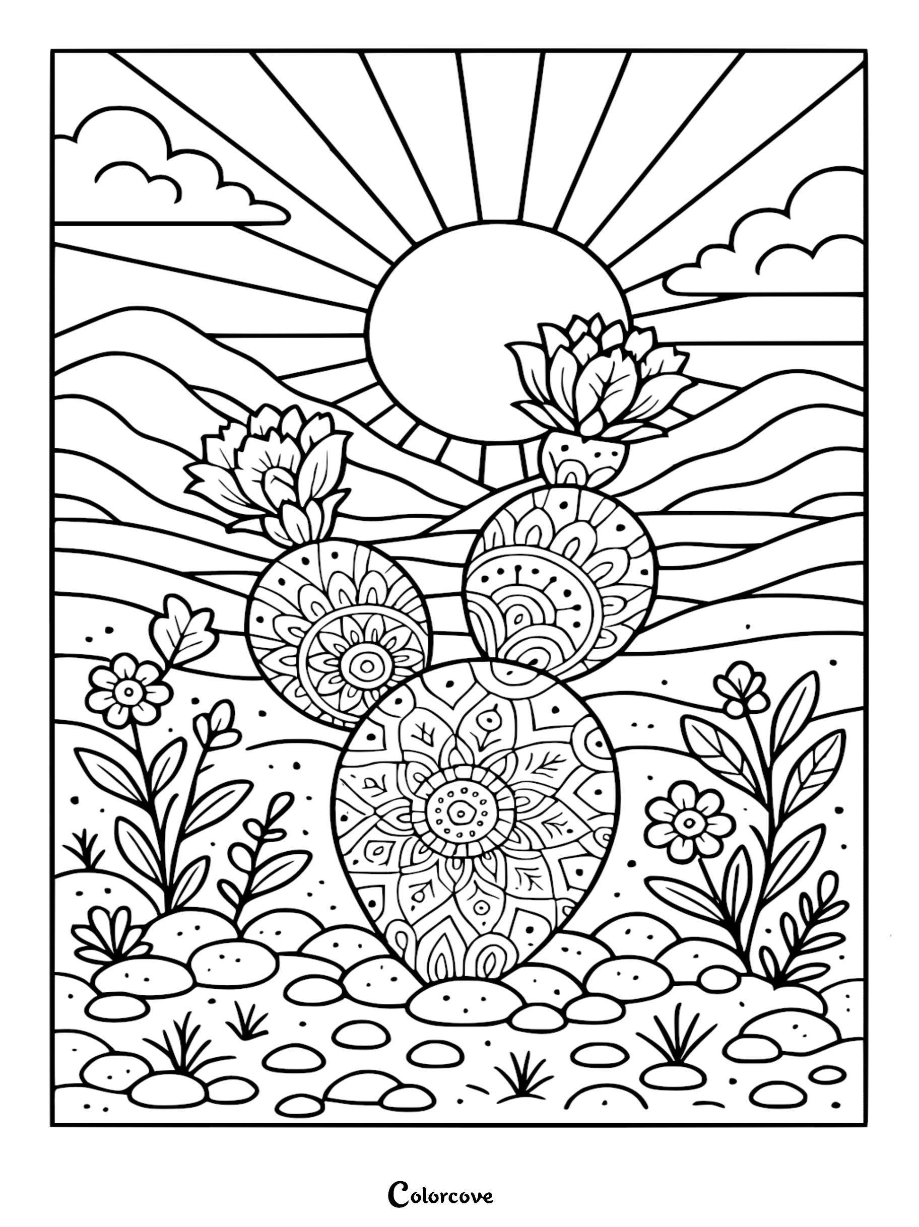 A printable mandala cactus coloring page featuring a patterned prickly pear cactus, blooming flowers, and a radiant desert sun rising over rolling hills.