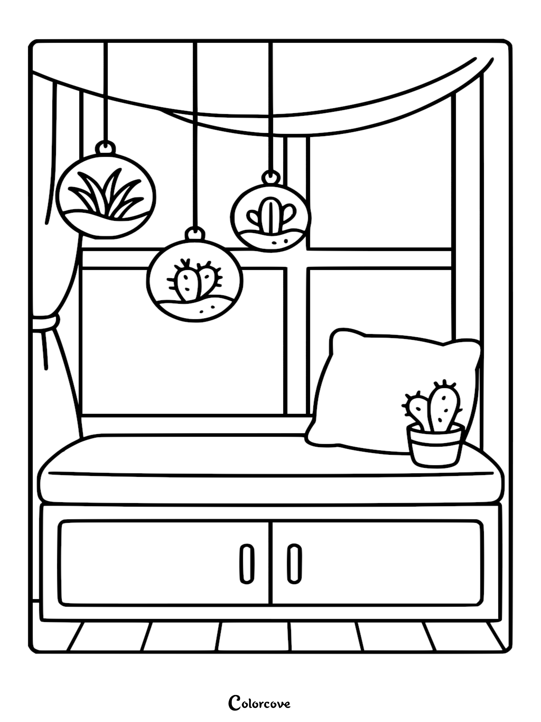 A printable coloring page featuring three hanging spherical terrariums containing various cacti above a window seat with a pillow and potted cactus.