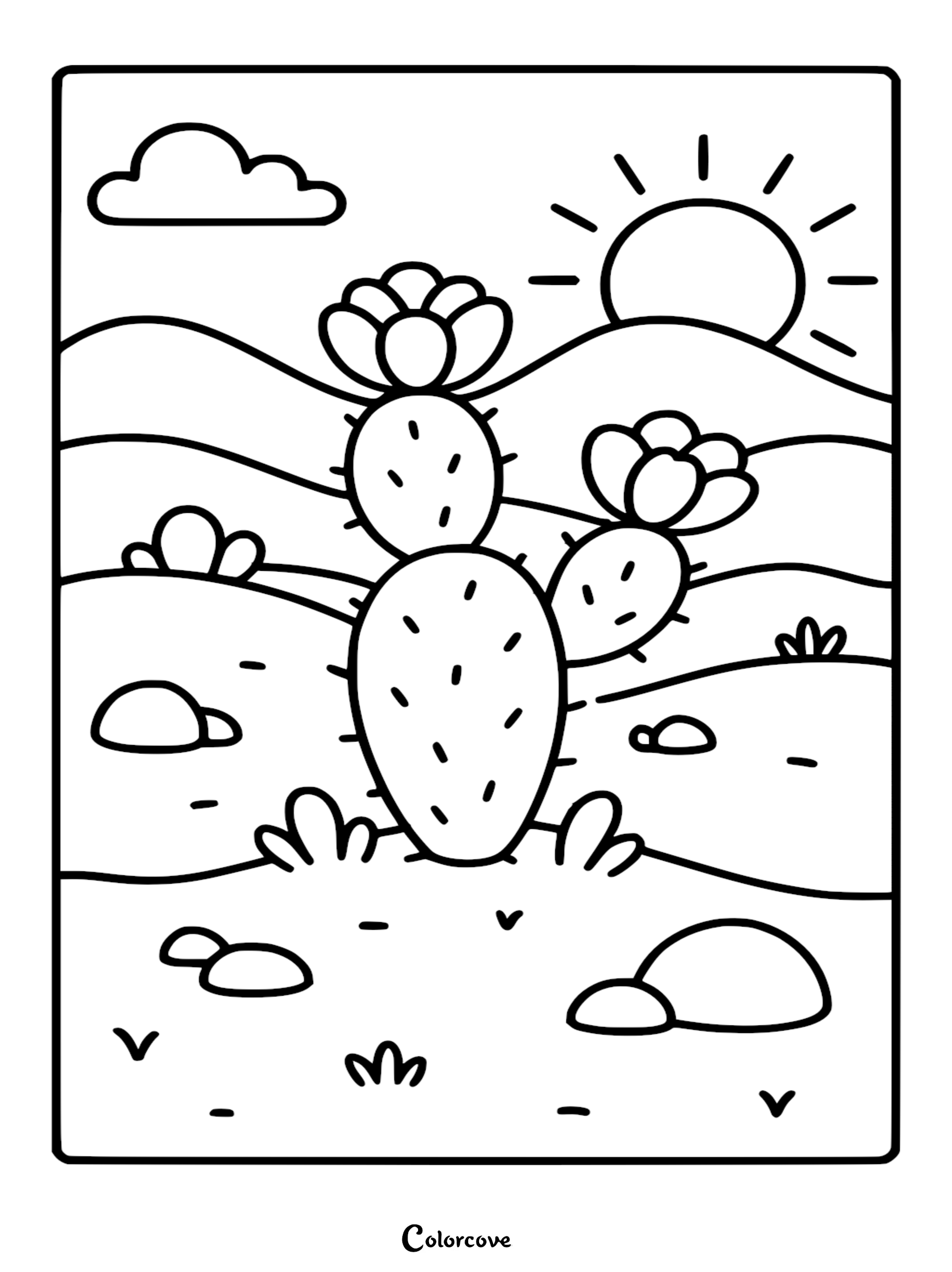 A prickly pear cactus with two blossoms under a radiant sun in a desert landscape coloring page.
