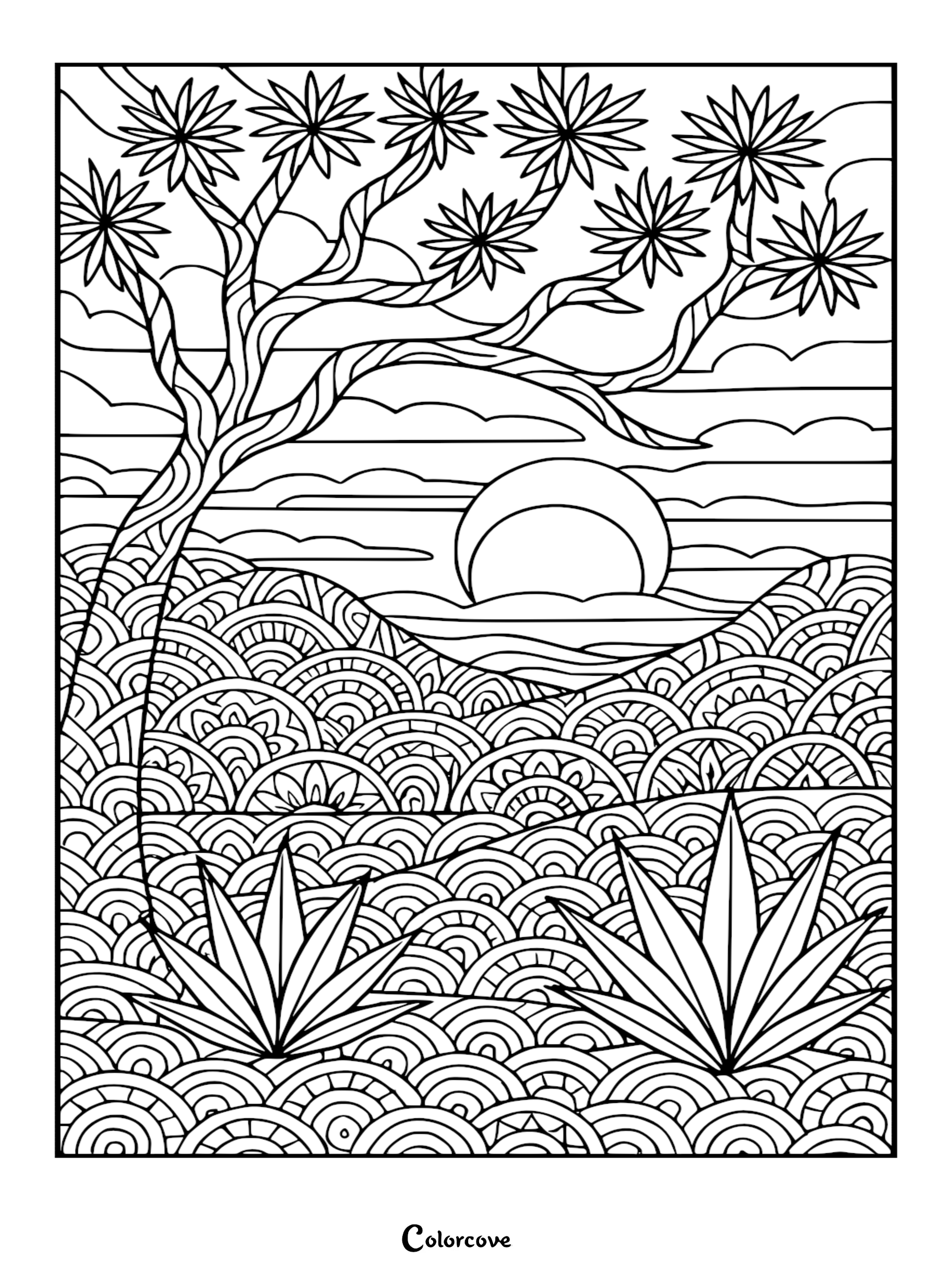 Intricate coloring page featuring a desert landscape with spiky agave plants, a stylized Joshua tree, and a sunset over patterned rolling hills.