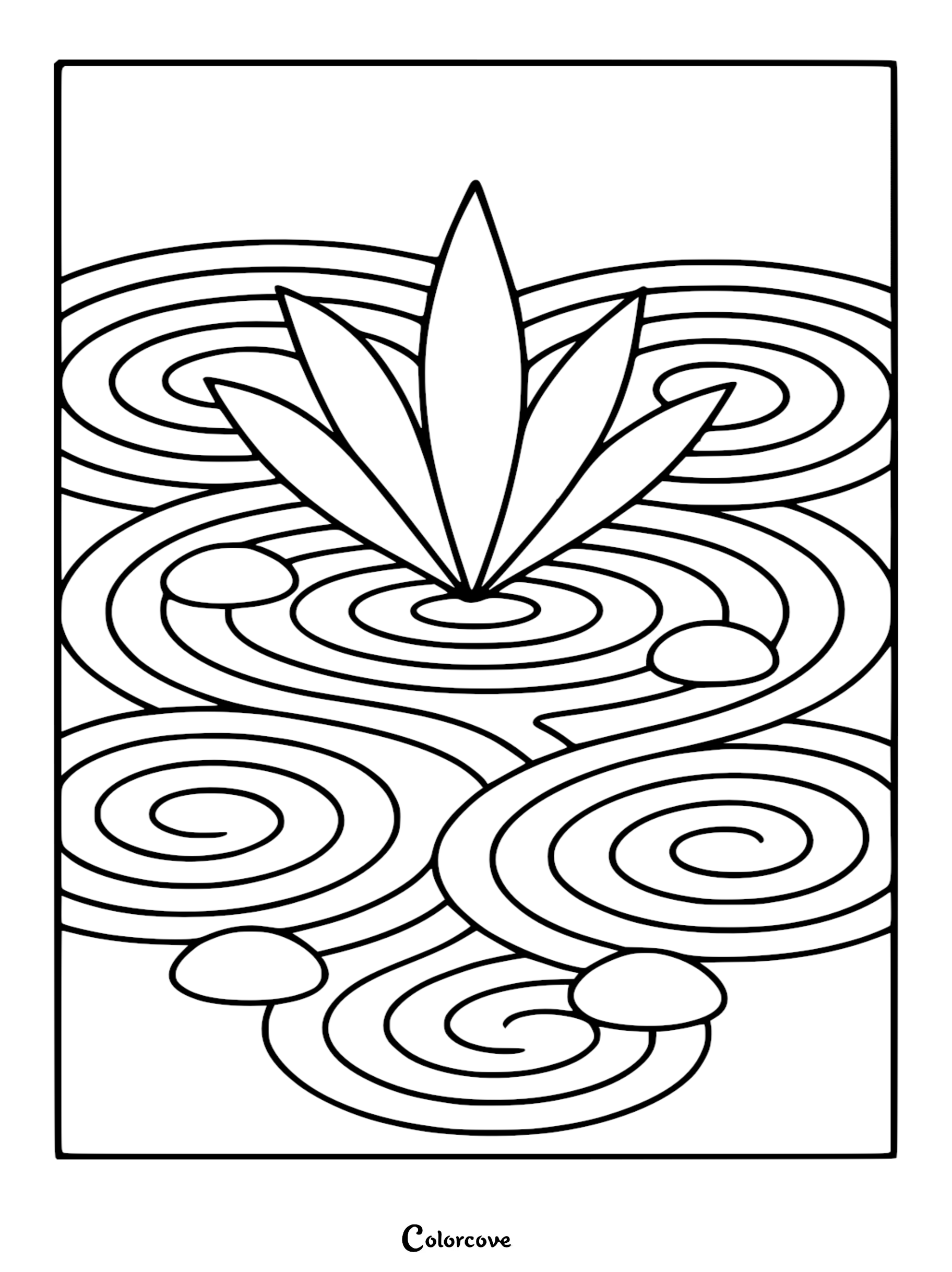 A printable cactus coloring page featuring a stylized succulent centerpiece surrounded by meditative Zen garden sand ripples and smooth rounded stones.
