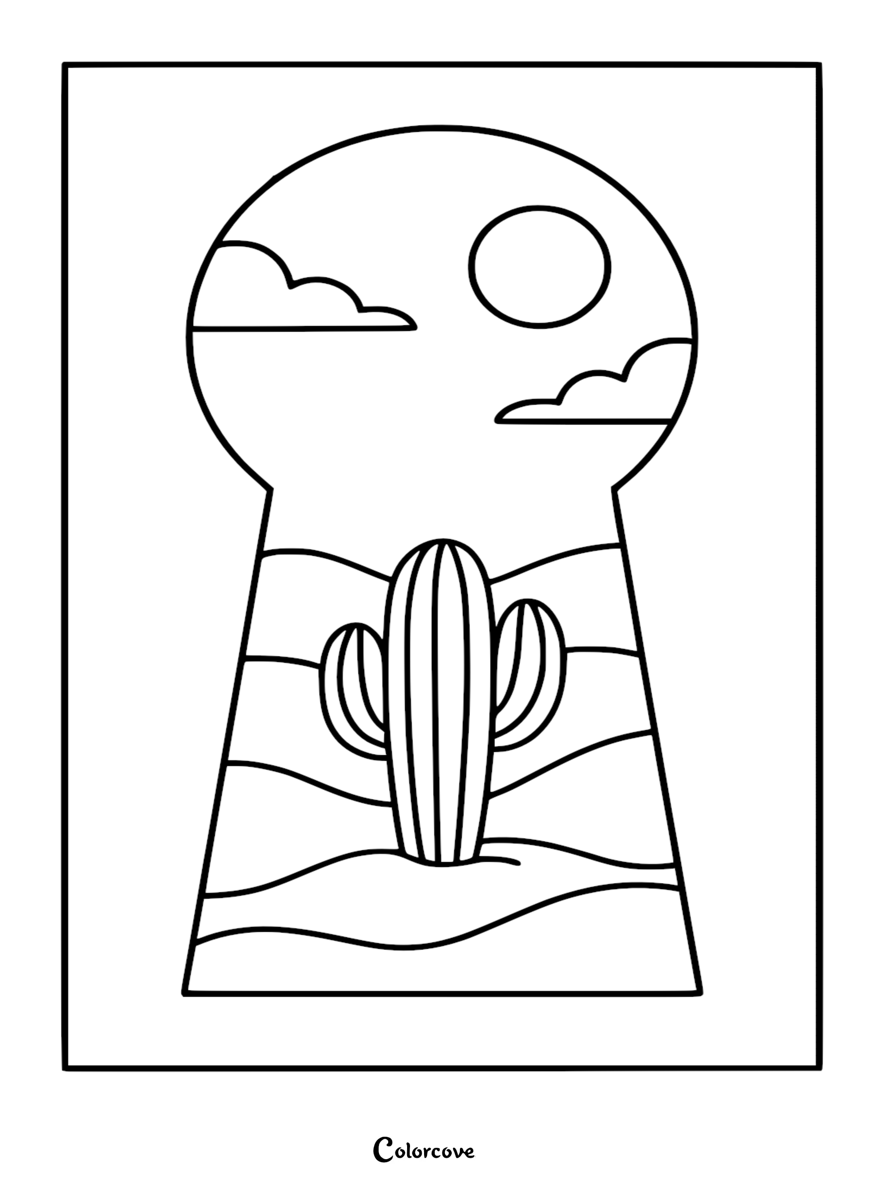 A printable coloring page featuring a desert cactus landscape framed within the shape of a keyhole with a sun and clouds above.