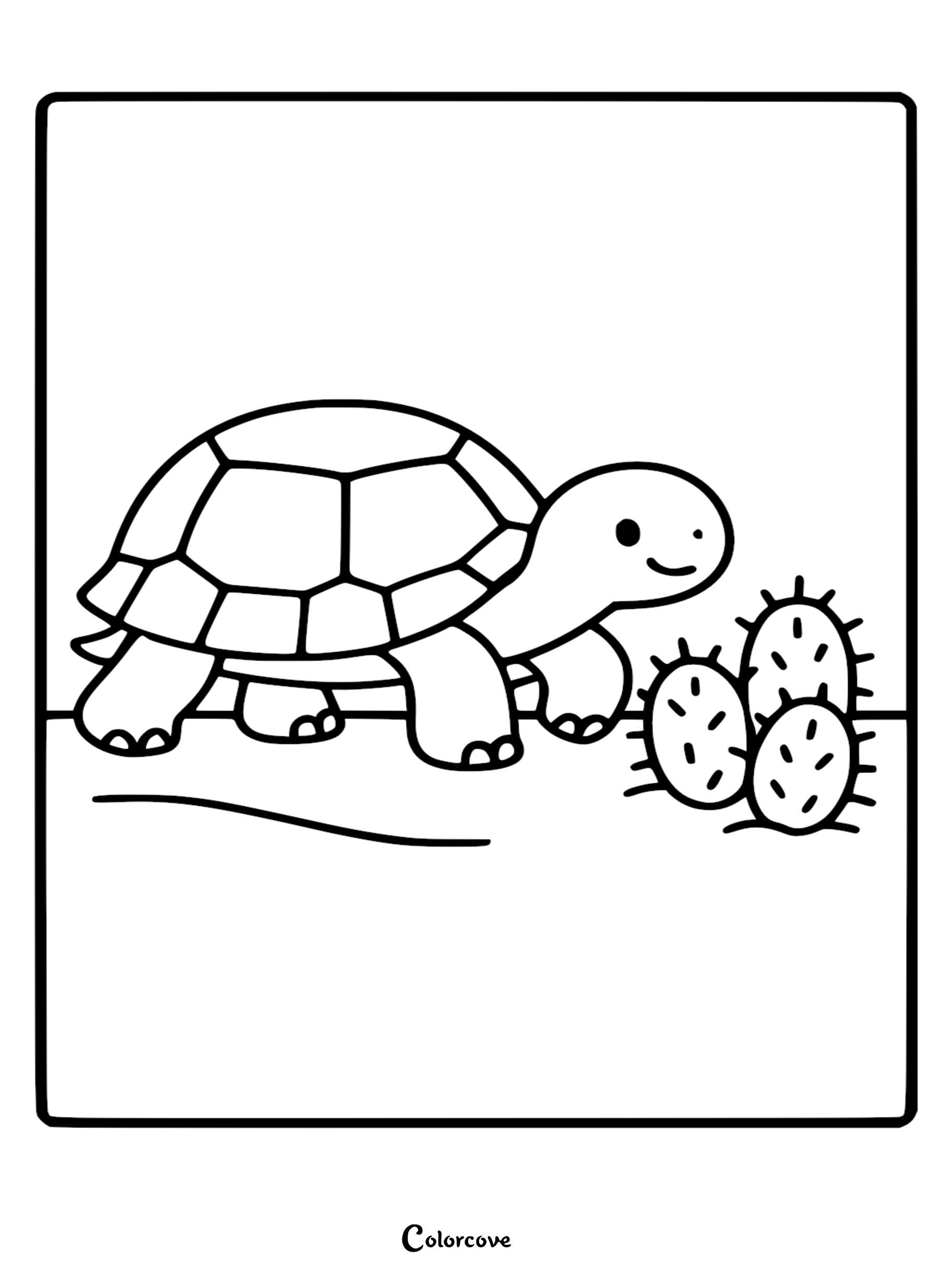 A friendly turtle walking toward a small, spiky cactus in this simple black and white line art coloring page.