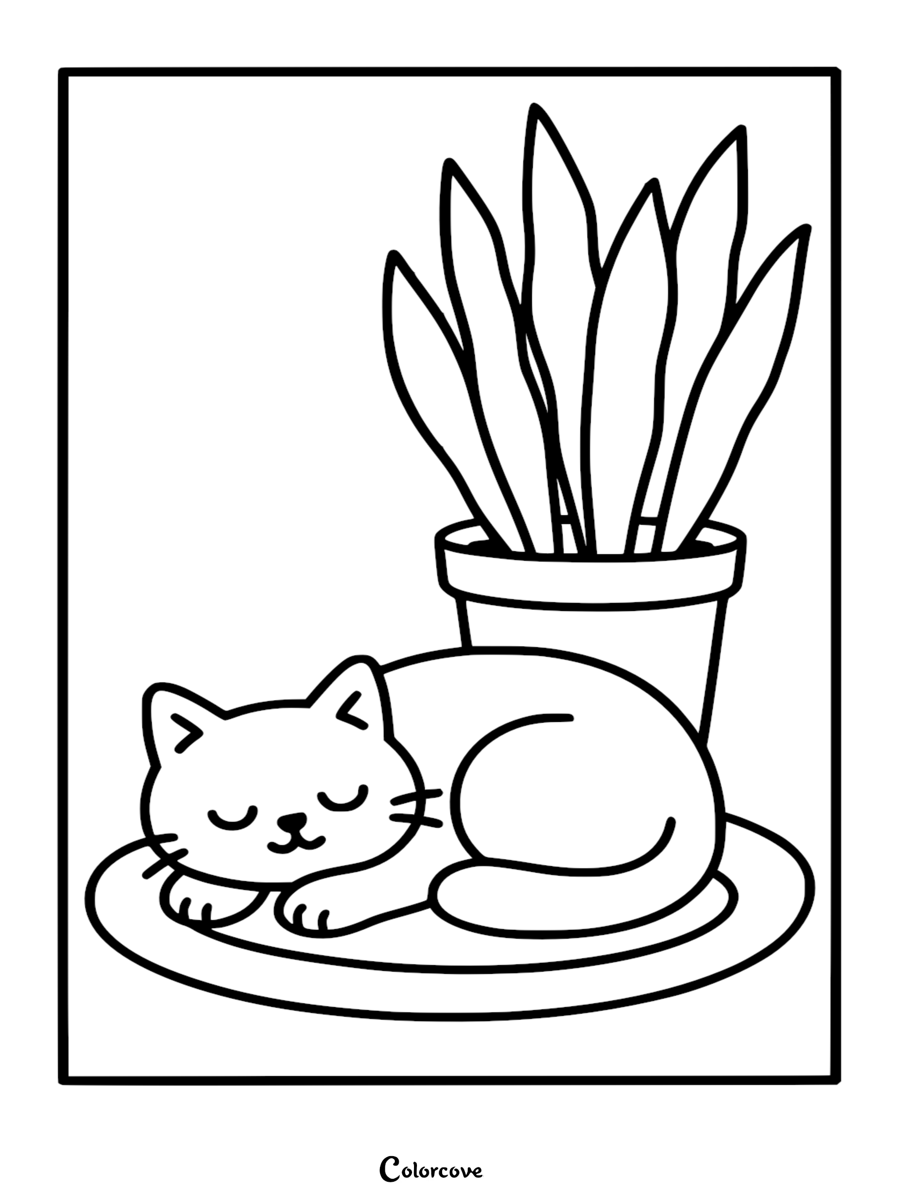 A simple line art coloring page featuring a contented kitten curled up on a round rug beside a tall potted cactus.