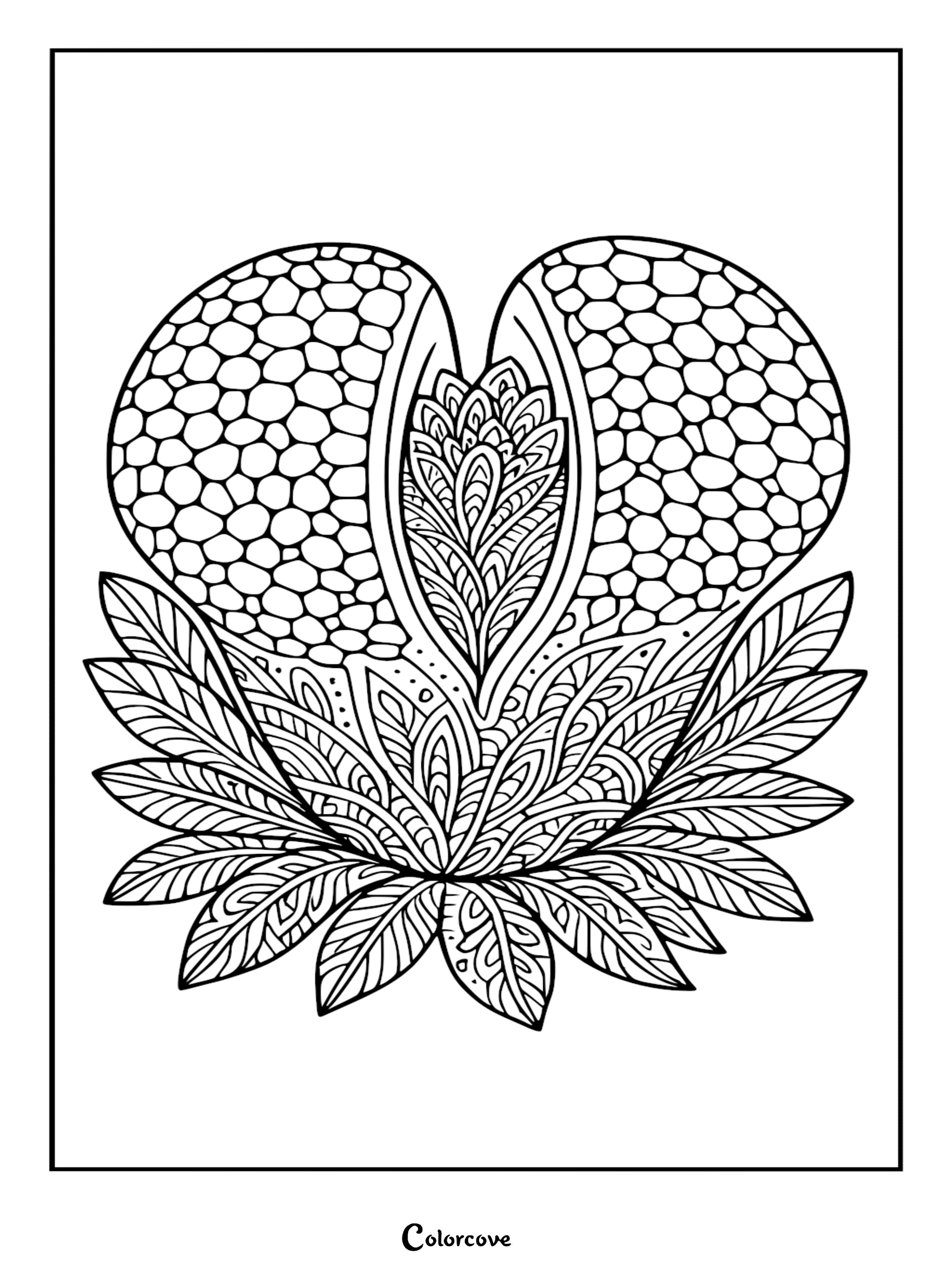 Detailed zentangle cactus coloring page featuring a split prickly pear cactus shape with intricate paisley and leaf patterns at the base.