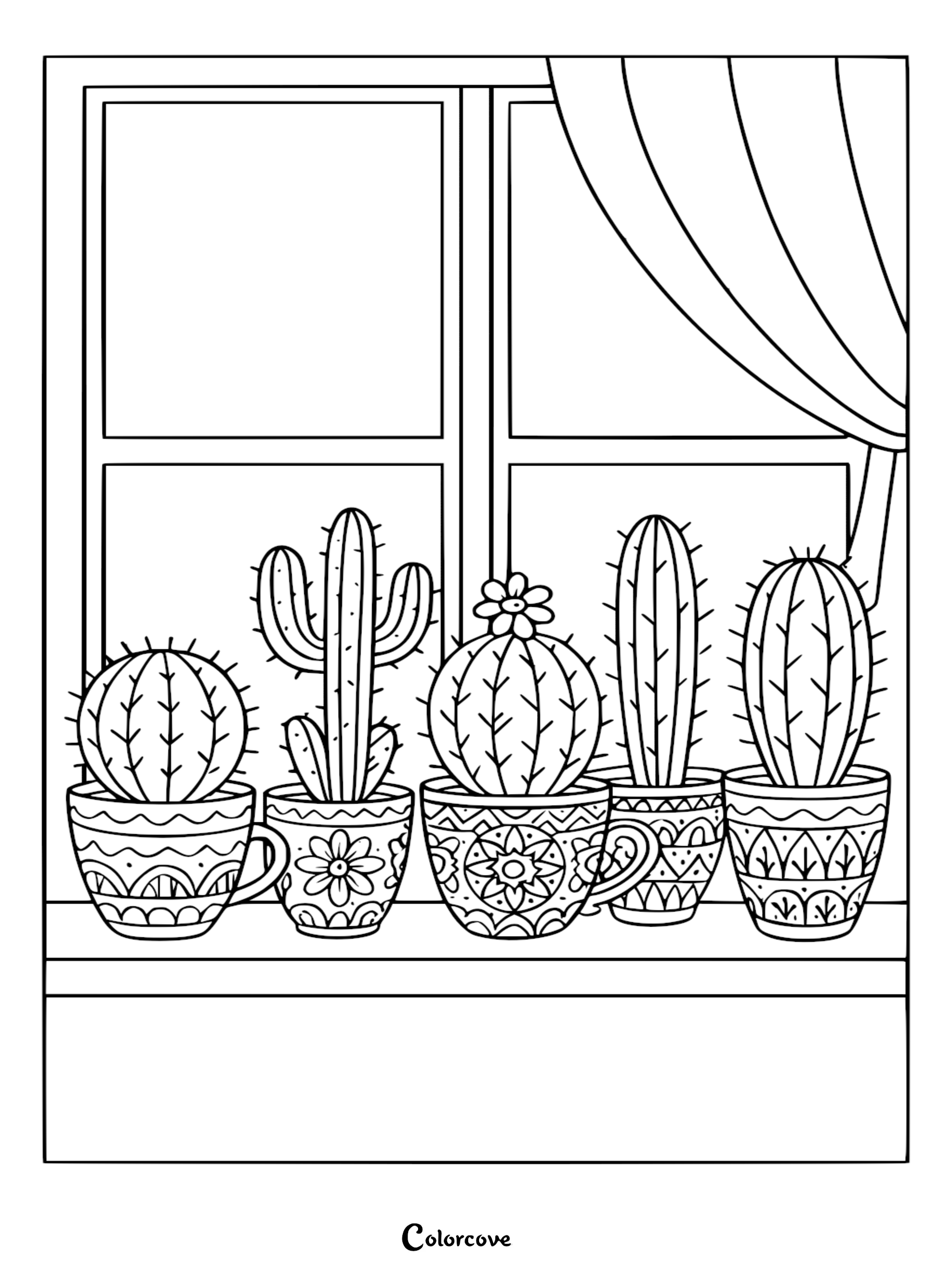 A printable cactus coloring page featuring five different potted cacti sitting on a window sill in patterned tea cups with a curtain in the background.