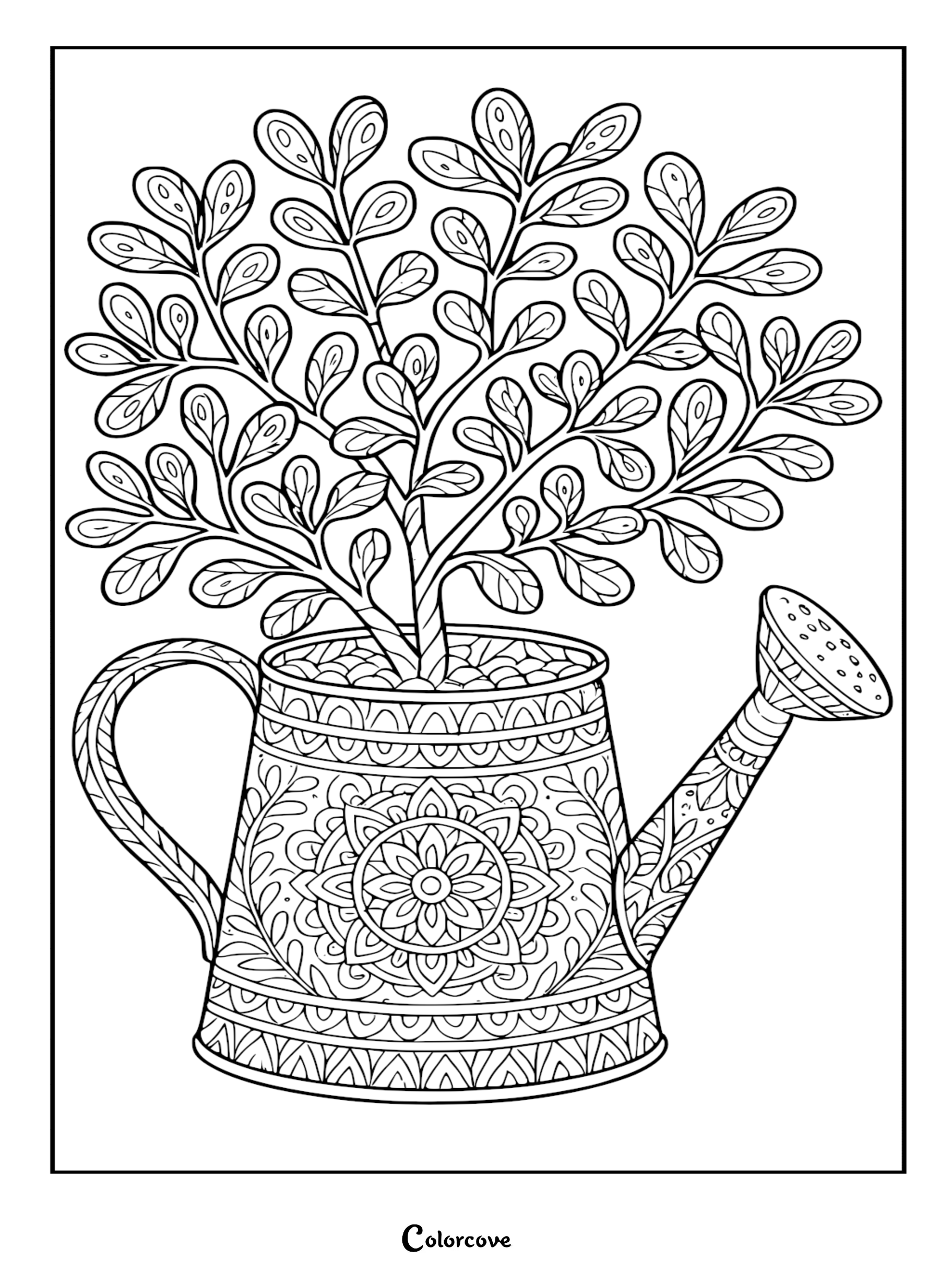 Intricate black and white coloring page featuring a small shrubby plant growing out of an ornate mandala-patterned metal watering can.