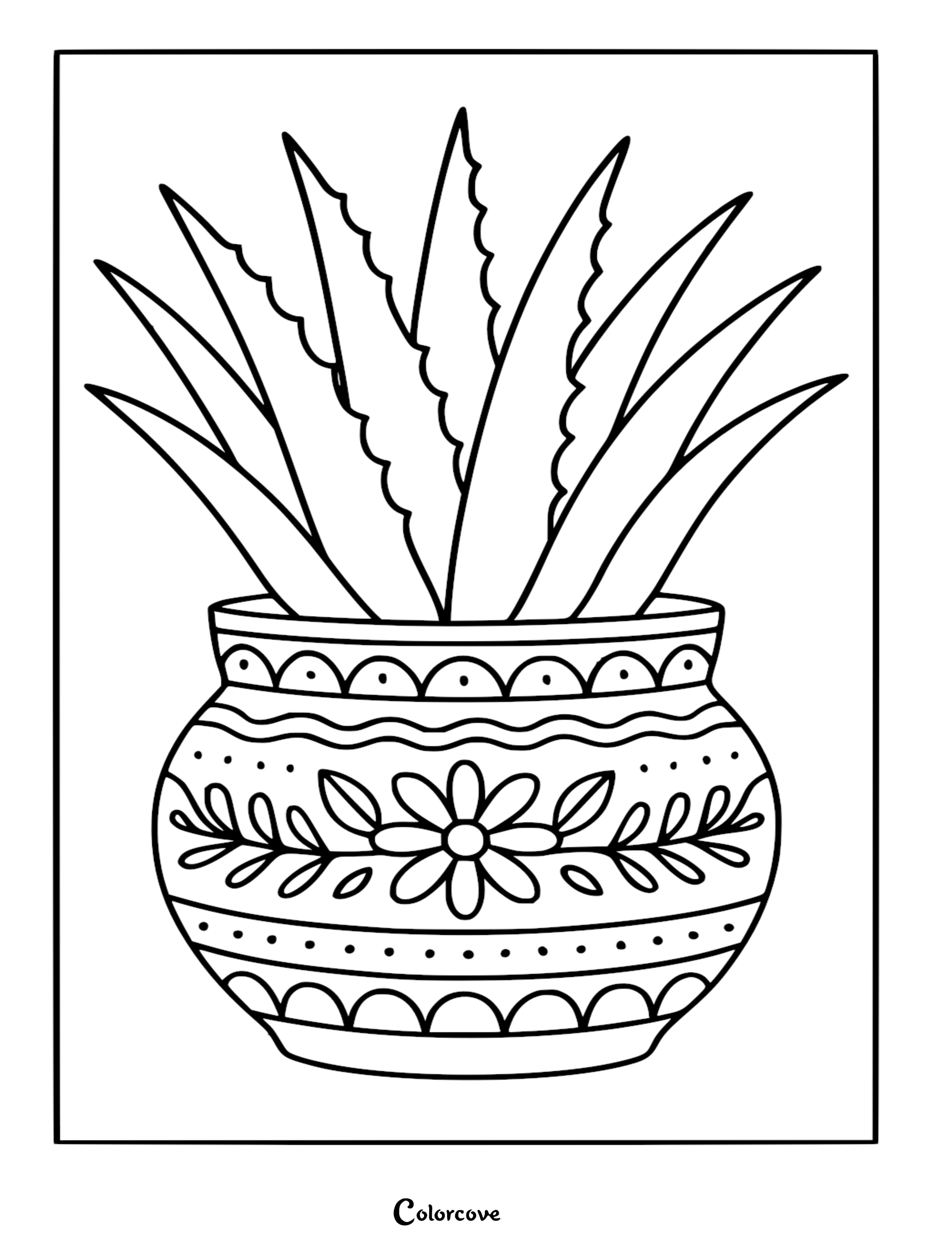 An aloe vera plant with sharp, serrated leaves in an ornate ceramic pot featuring floral and wave patterns, presented as a black and white coloring page.