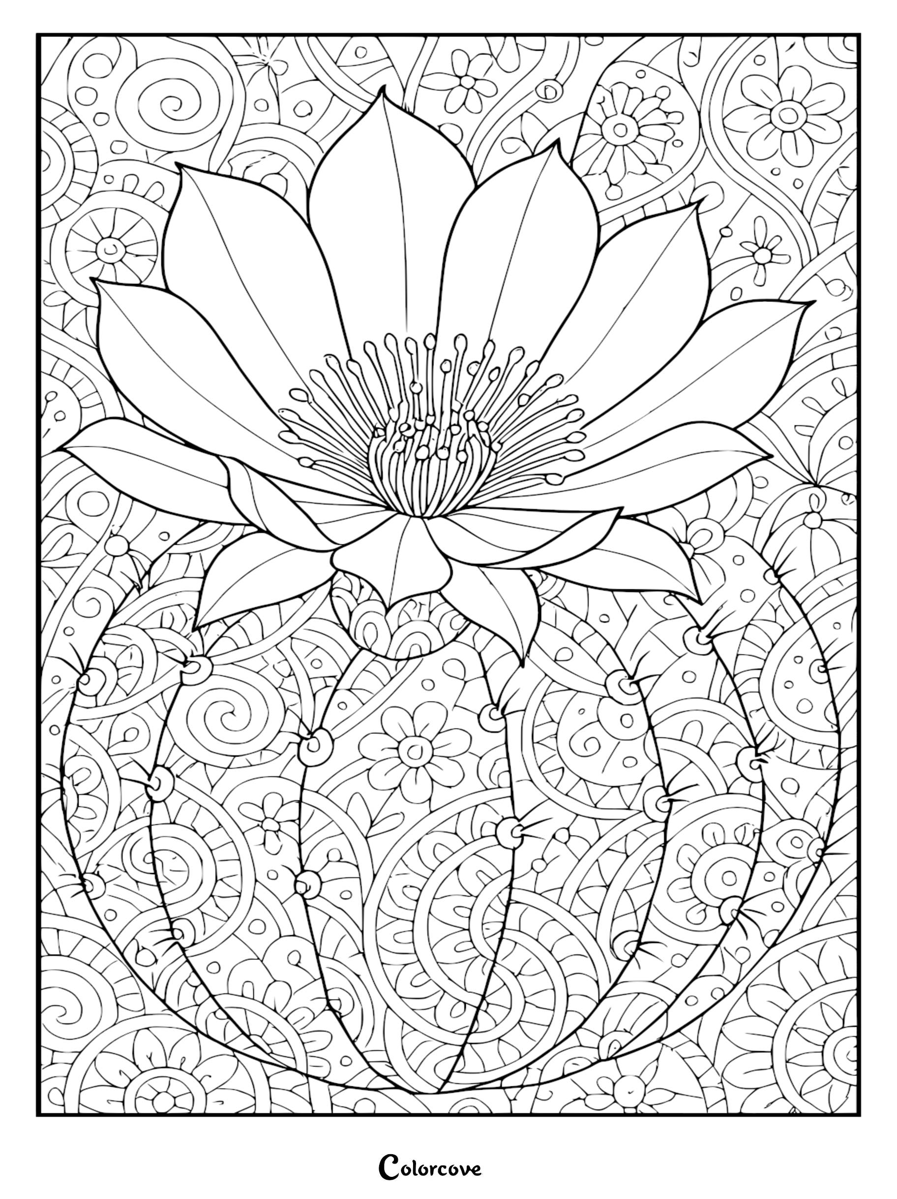 Intricate zentangle style cactus coloring page featuring a large, blooming flower with detailed petal linework and a patterned, swirled background.