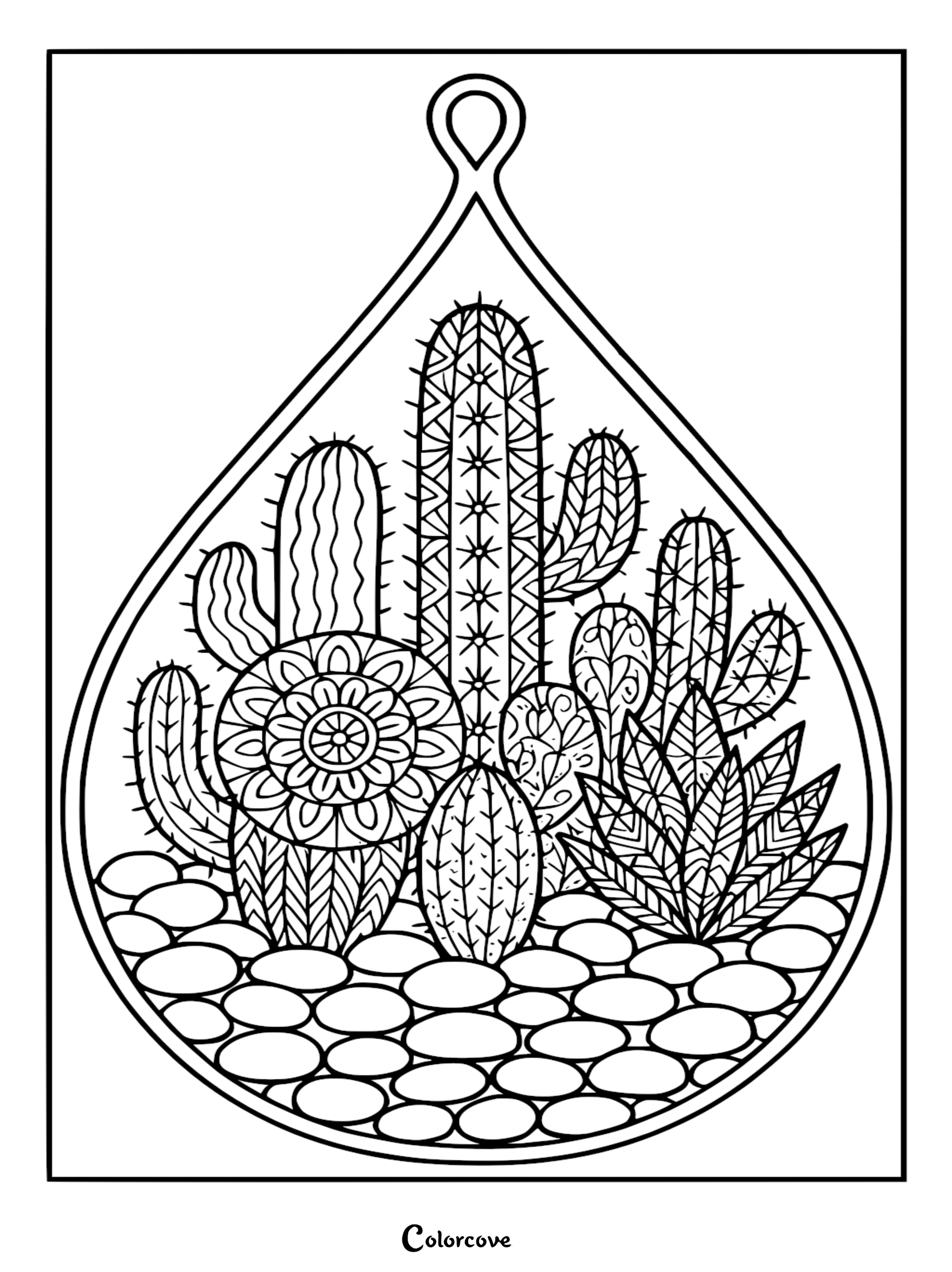 A decorative teardrop-shaped hanging terrarium filled with various patterned cacti and desert stones in a printable coloring page.