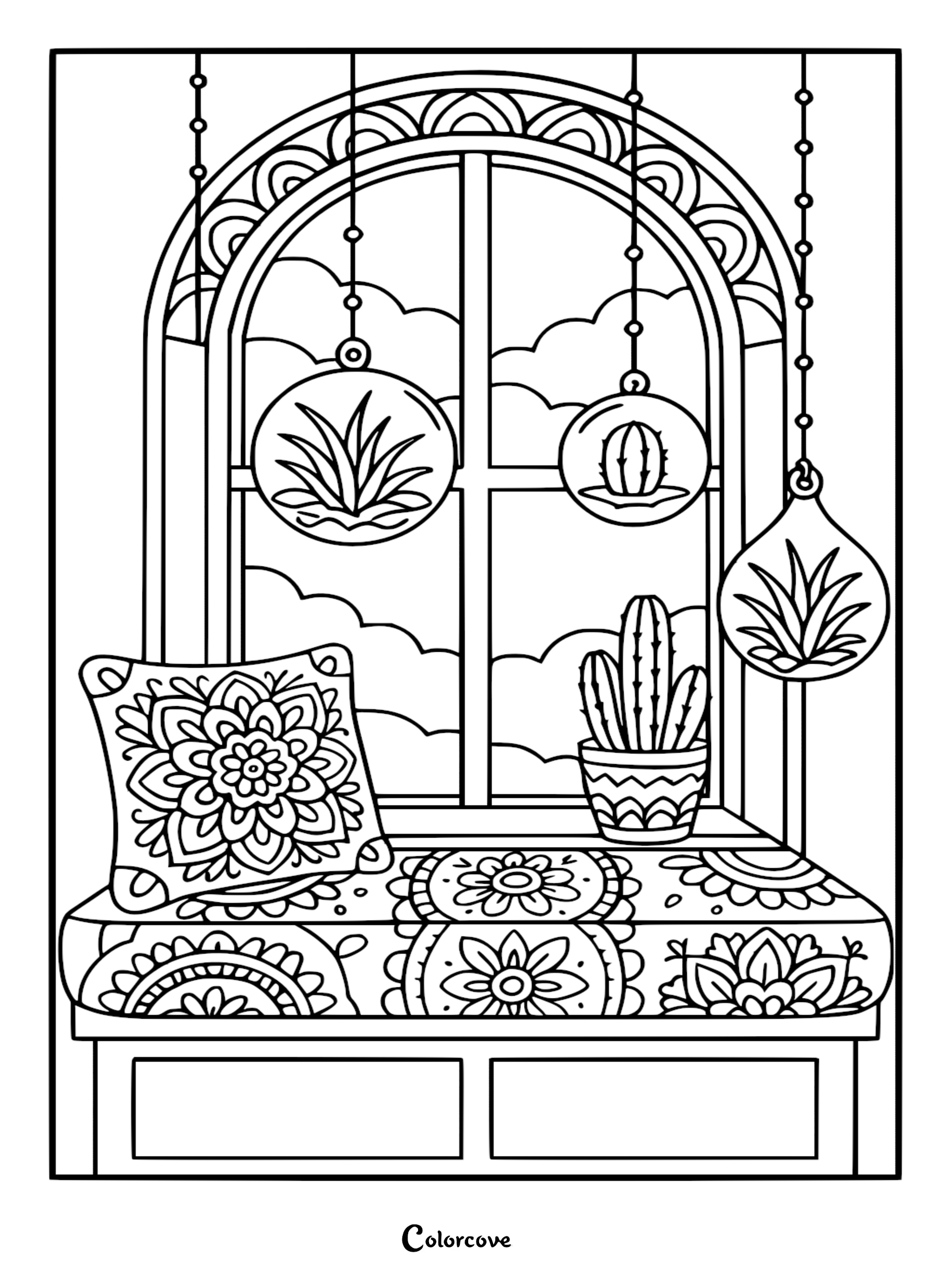 A printable coloring page featuring a cactus in a pot on a windowsill with hanging glass terrariums and mandala patterned cushions.