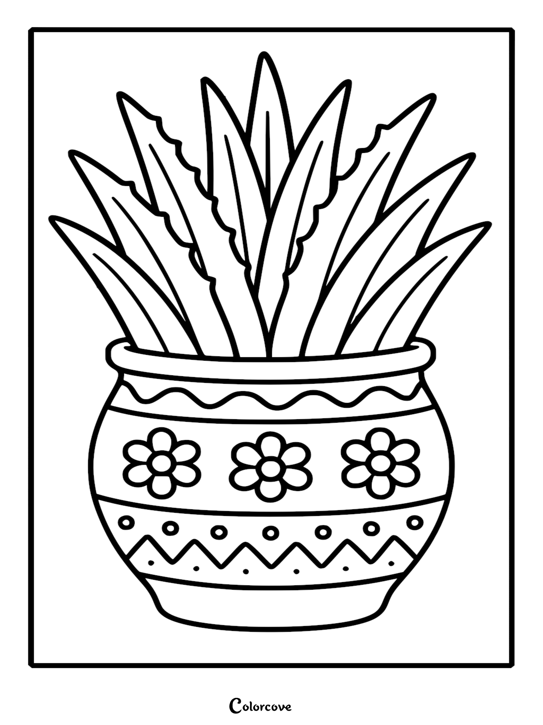 A printable coloring page featuring a spiky aloe vera plant housed in a decorative ceramic pot with flower and zigzag patterns.