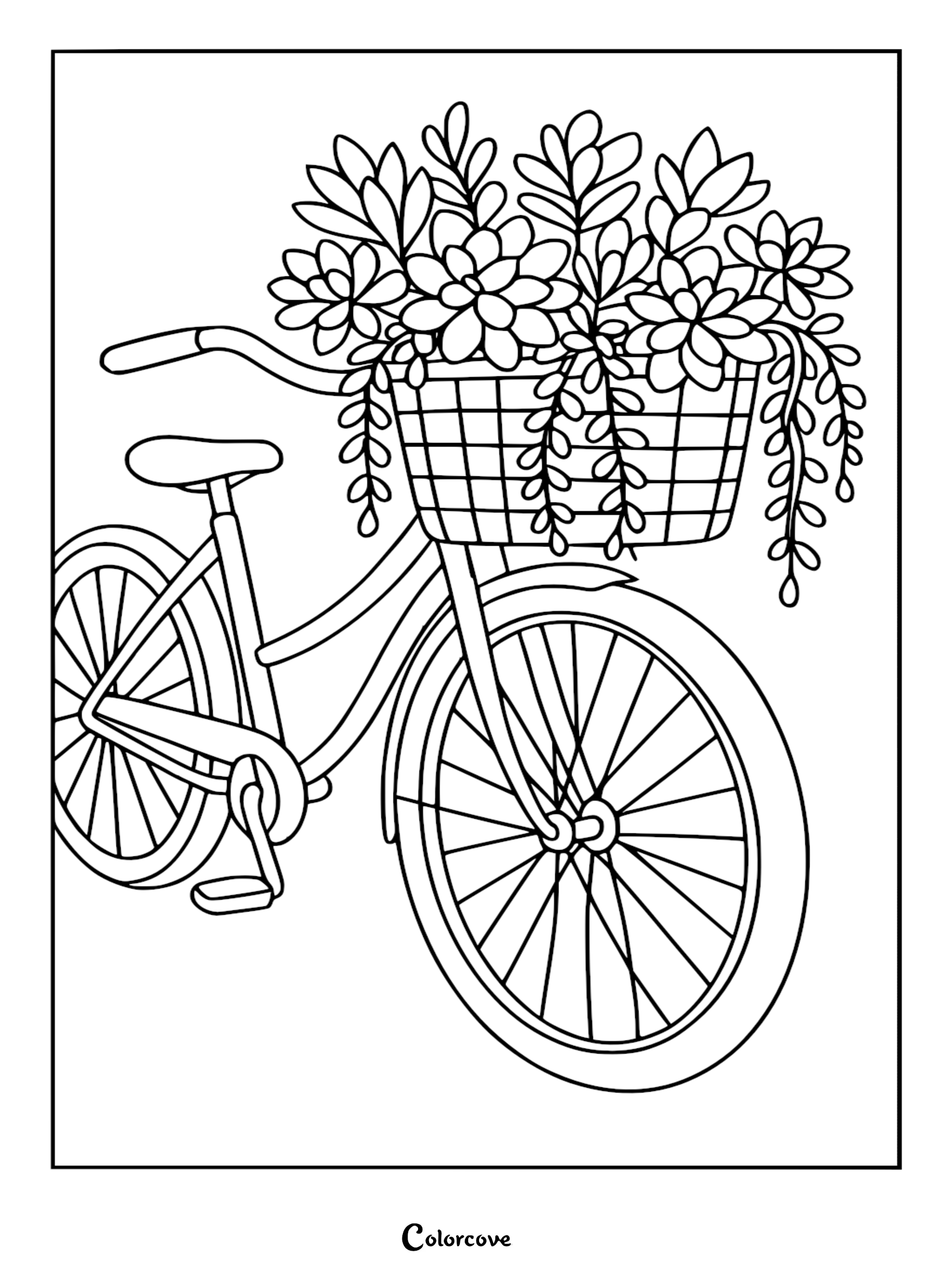 Line art coloring page featuring a vintage bicycle with a wire basket overflowing with various blooming succulents and trailing cactus plants.
