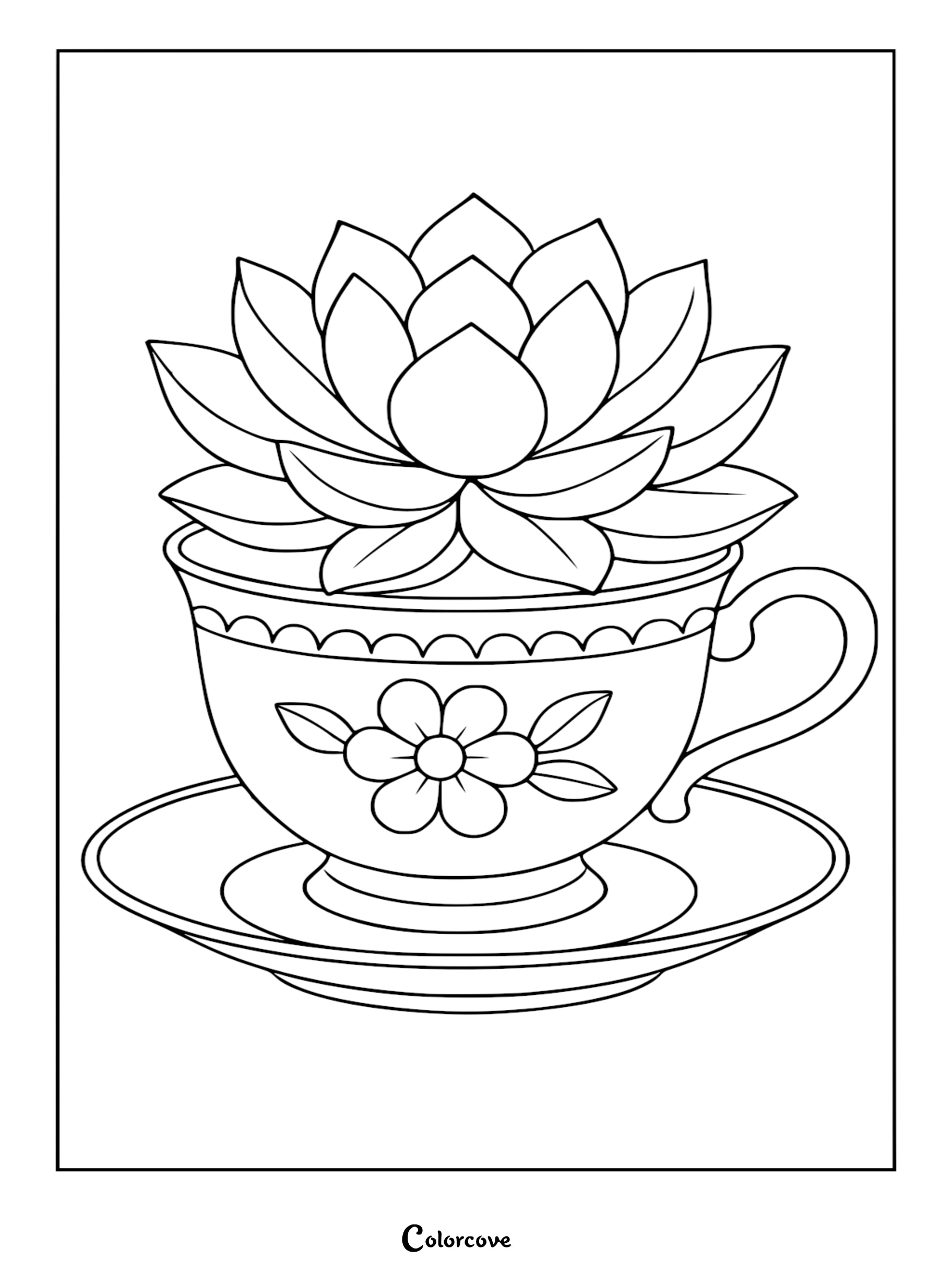 A printable coloring page featuring a layered echeveria succulent plant nestled inside an ornate teacup with a floral design on a saucer.
