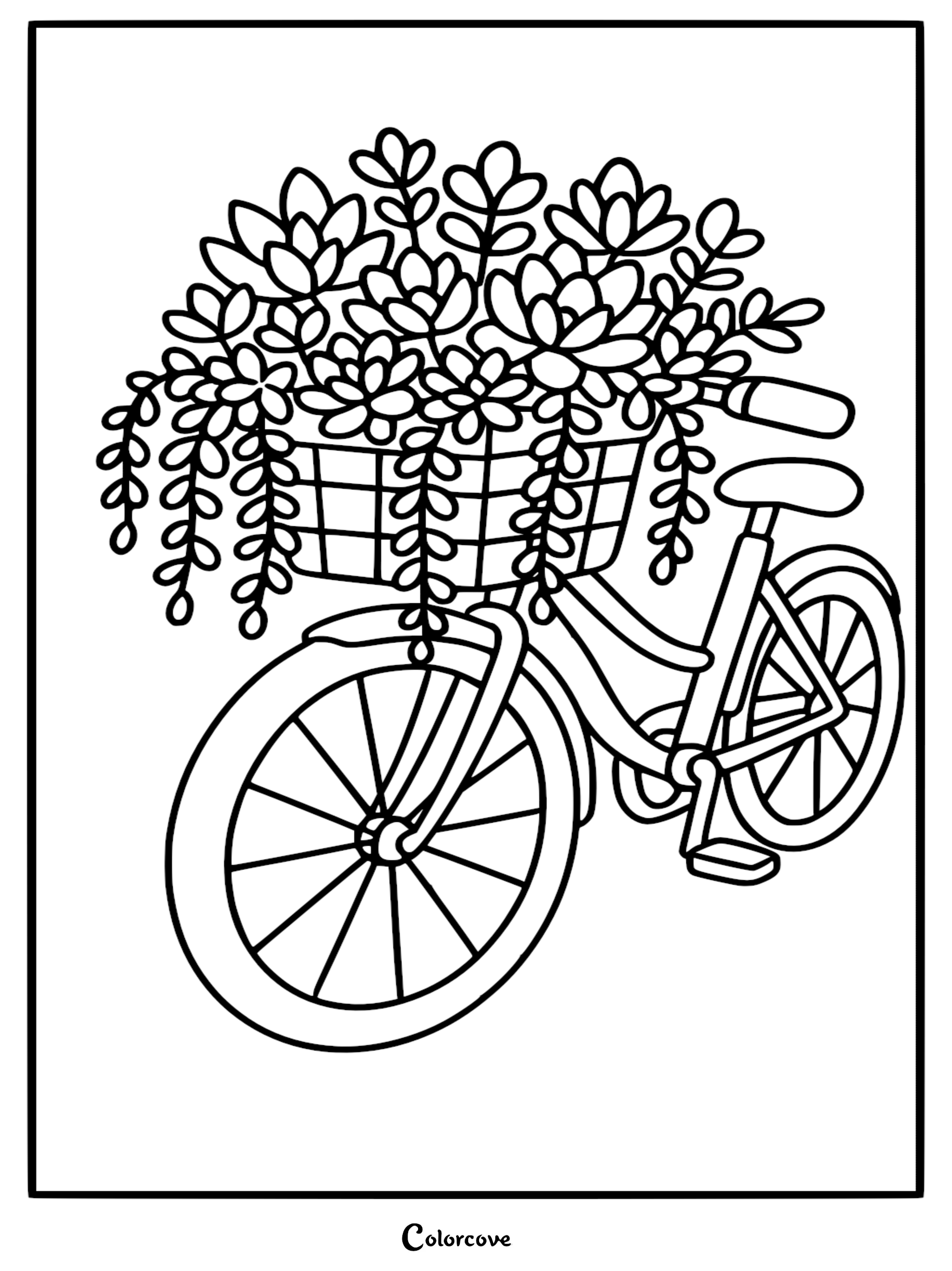A line art coloring page featuring a vintage bicycle with a woven basket overflowing with various blooming succulents and trailing cactus leaves.