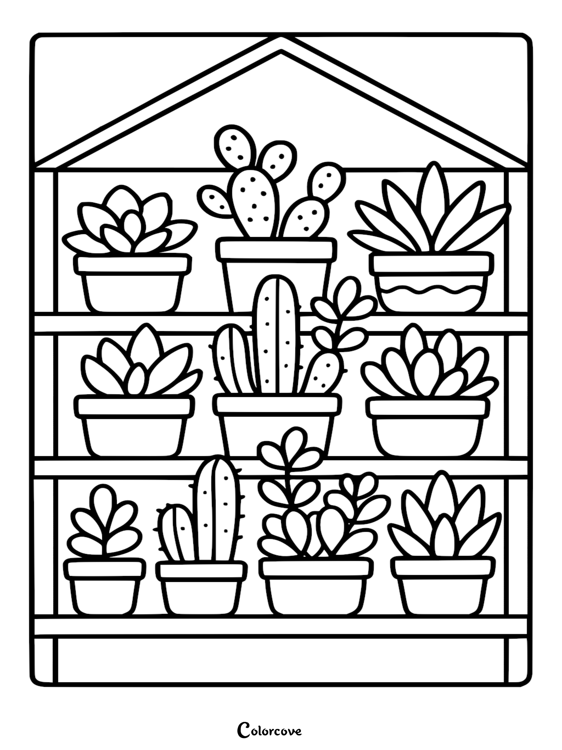 A printable coloring page featuring potted cacti and succulents arranged on three wooden greenhouse shelves.
