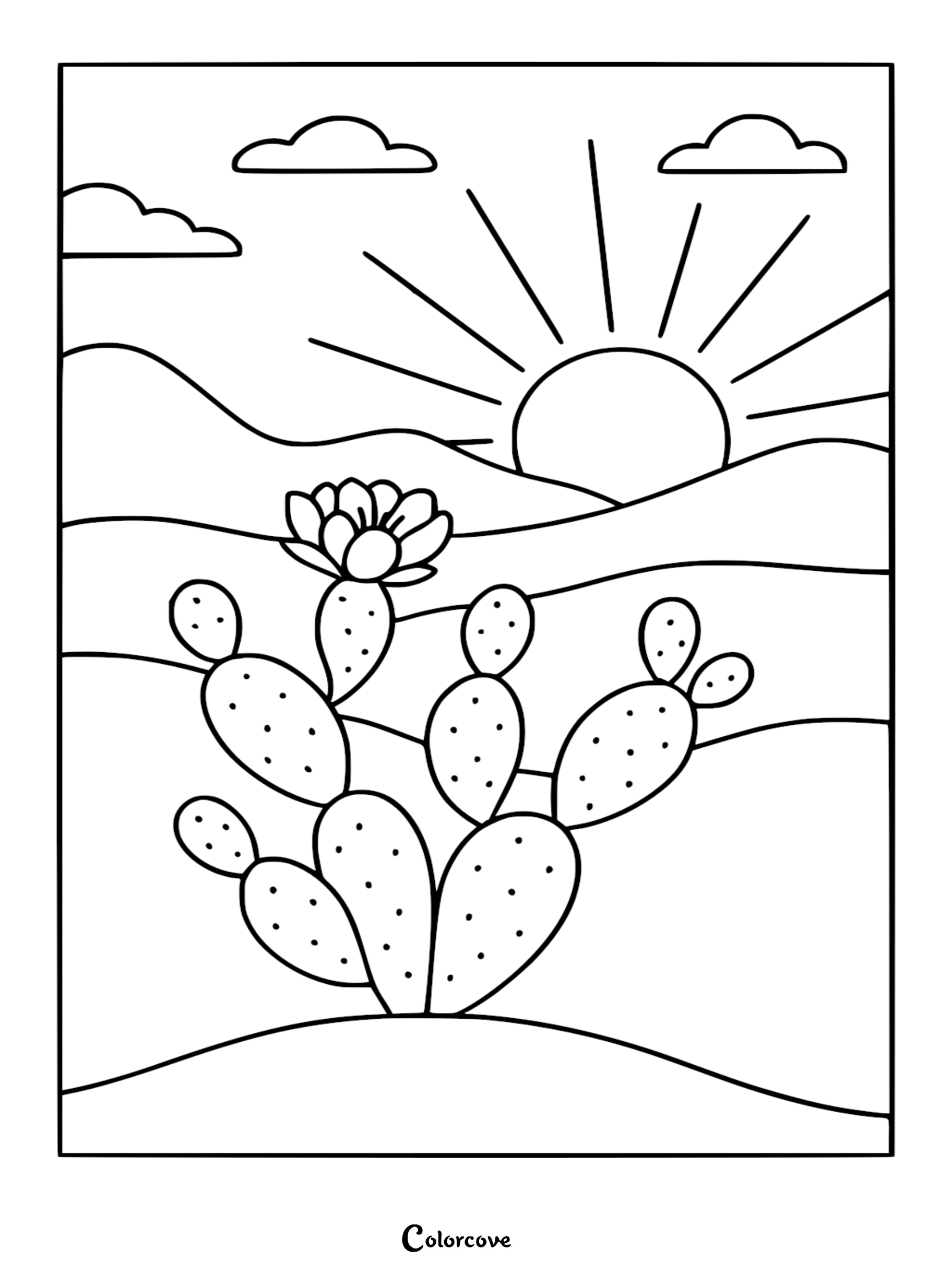 A printable coloring page featuring a blooming prickly pear cactus in a desert landscape with a rising sun and clouds.