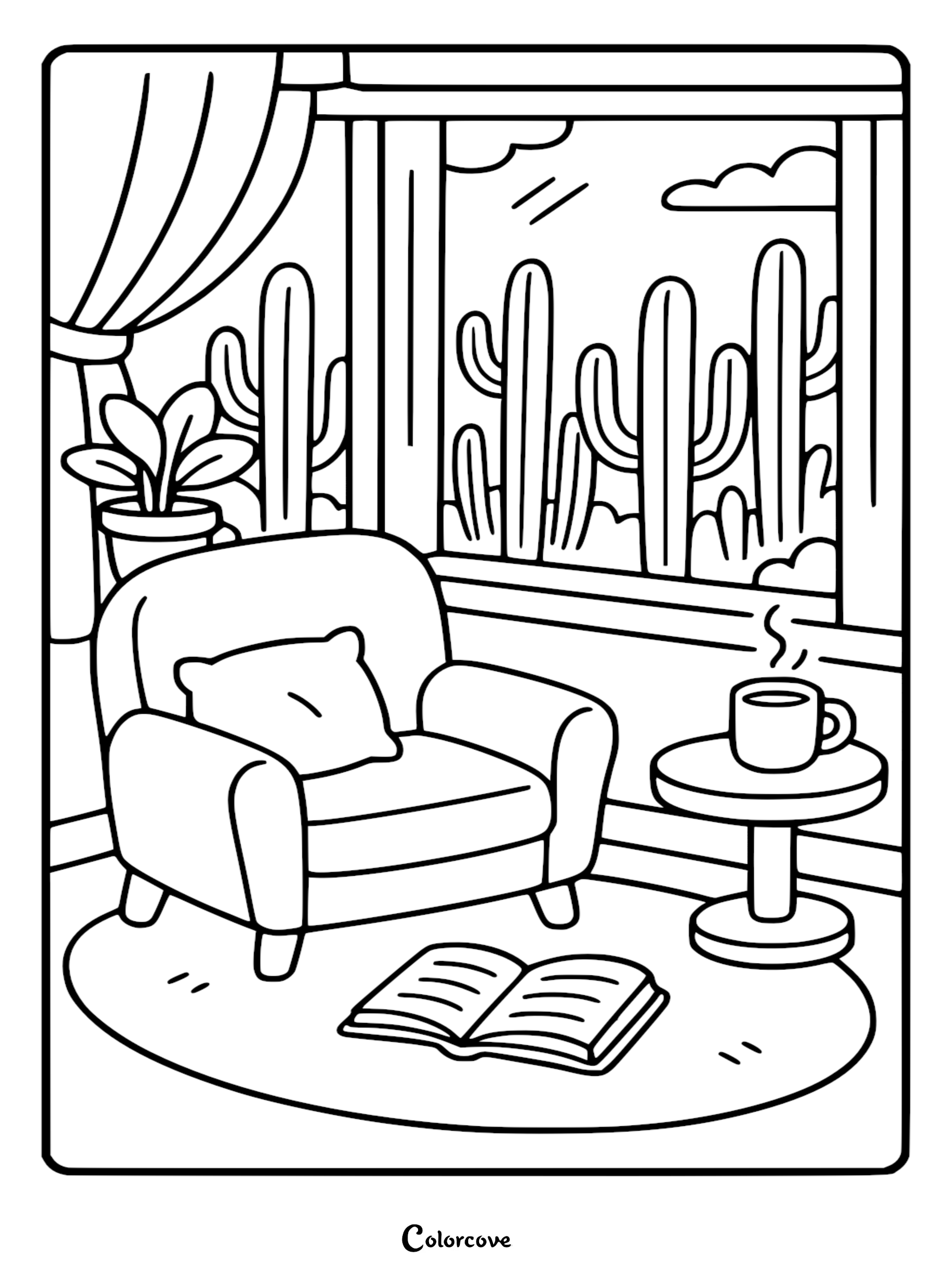 Cozy indoor reading nook with an armchair, open book, and steaming coffee, featuring a desert view of cacti through the window in this printable coloring page.