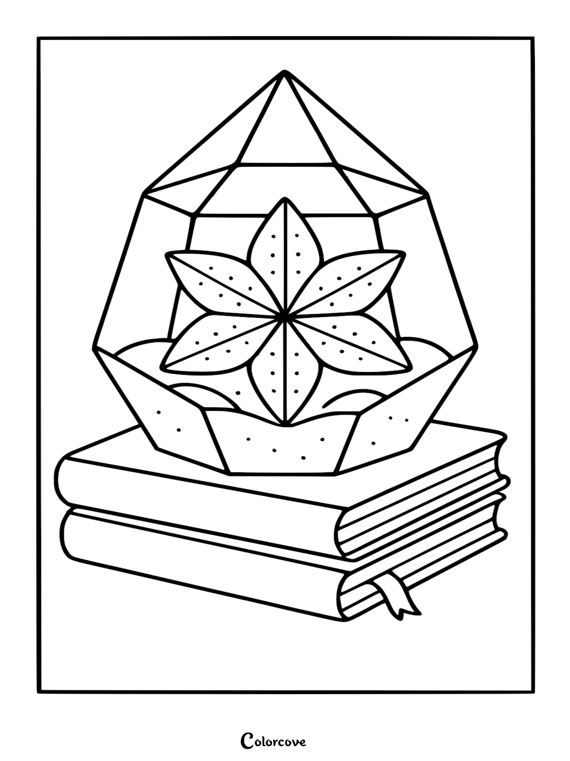 A printable cactus coloring page featuring a succulent inside a geometric glass terrarium resting on a stack of two books.