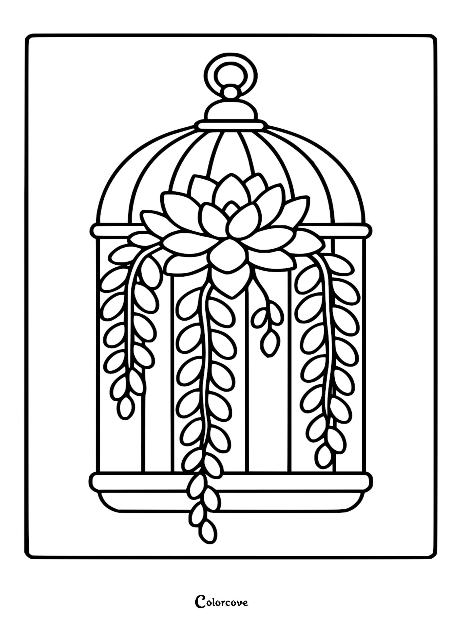 A detailed succulent plant with hanging vines inside a decorative vintage birdcage coloring page.
