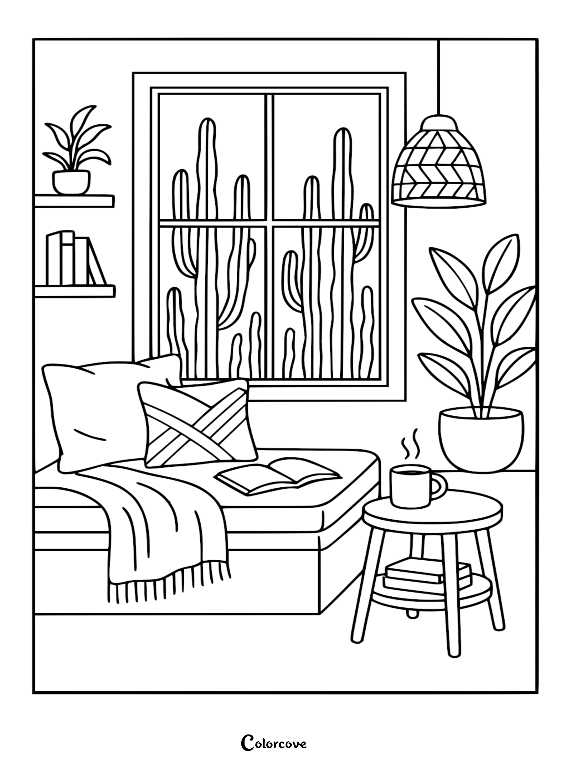 A printable coloring page featuring a window view of tall cacti, a comfortable bench seat with cushions and a blanket, a small table with a steaming mug, and lush indoor plants.