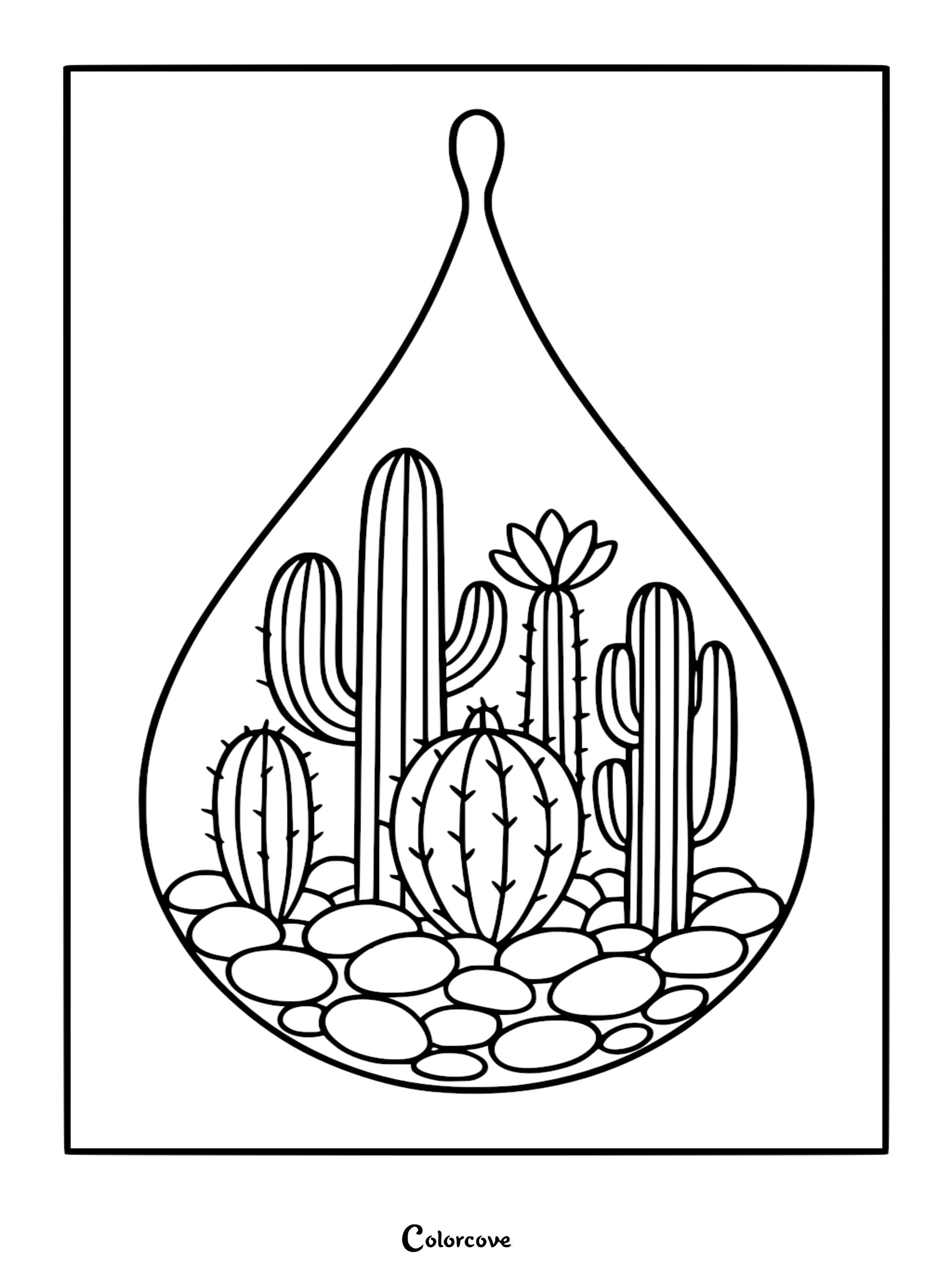 A teardrop-shaped hanging terrarium filled with various desert cacti and river stones in this printable cactus coloring page.
